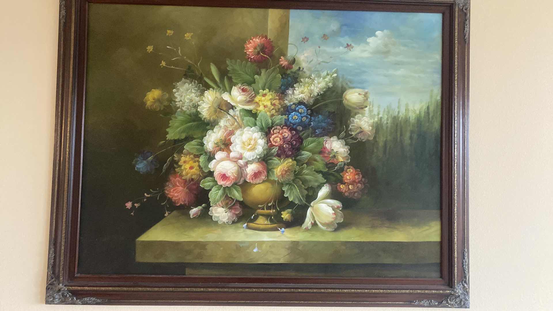 Photo 1 of ORNATE WOOD FRAMED FLORAL OIL ON CANVAS PRINT ARTWORK 56” x 43”