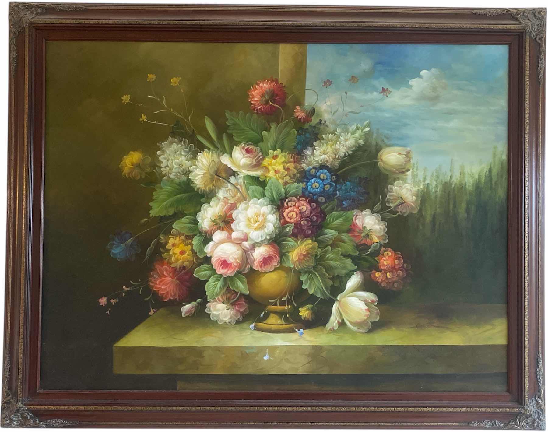 Photo 1 of ORNATE WOOD FRAMED FLORAL OIL ON CANVAS PRINT ARTWORK 56” x 43”