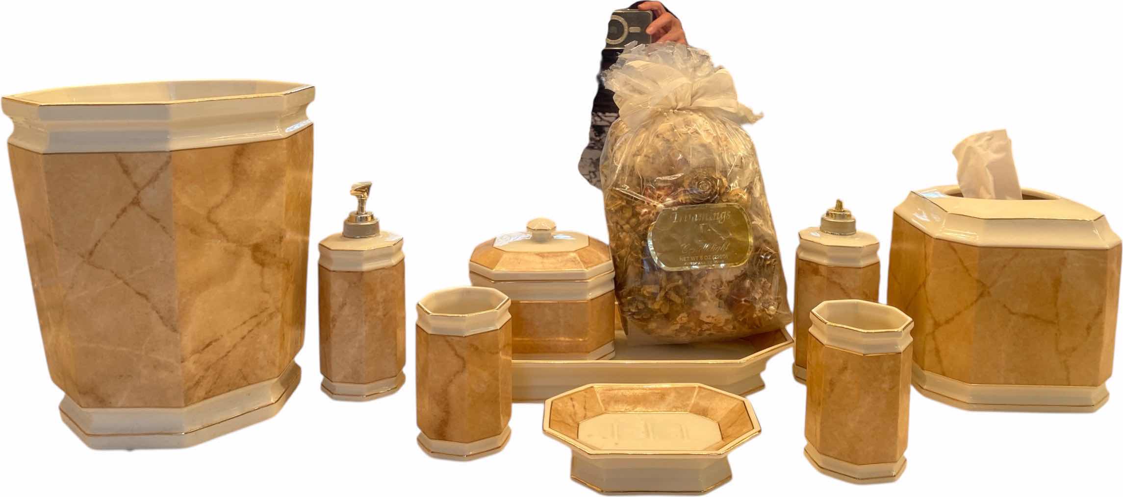 Photo 1 of PORCELAIN BATHROOM TRASH RECEPTACLE, SOAP DISH, SOAP HOLDERS, KLEENEX & POTPOURRI