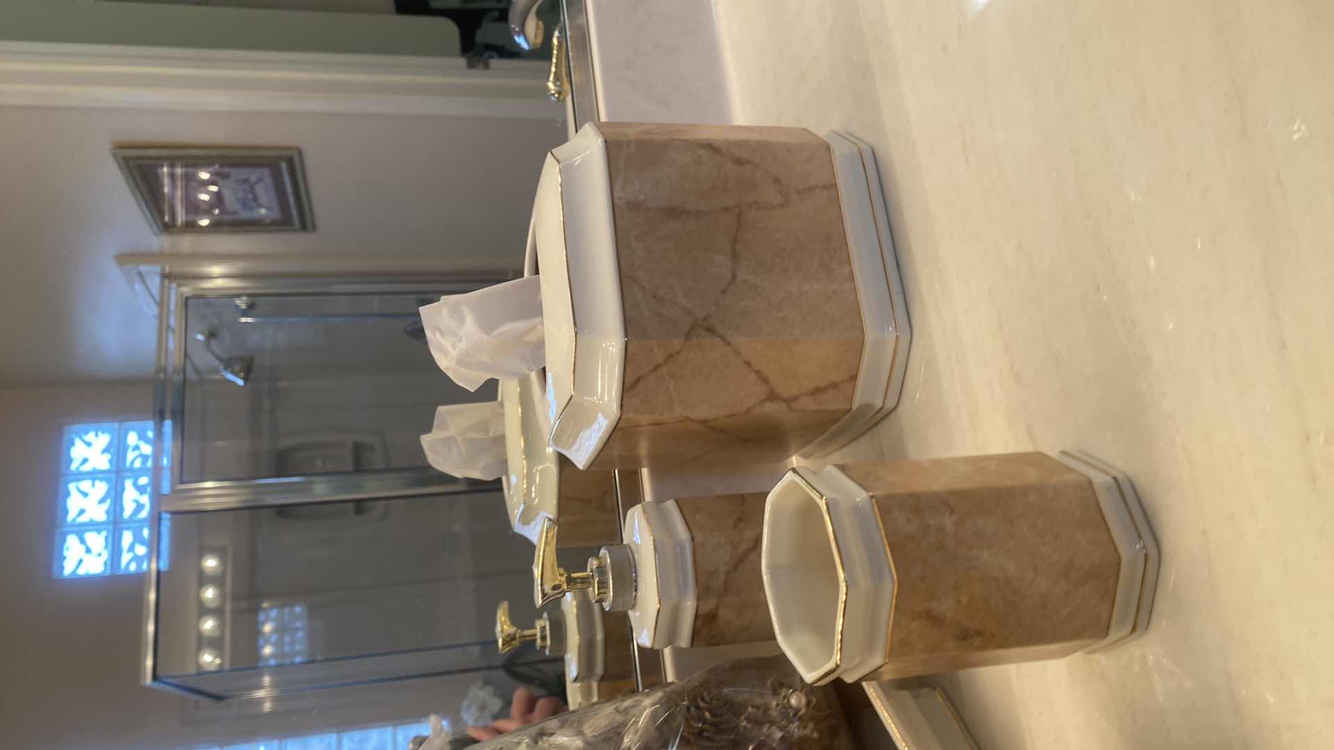 Photo 1 of PORCELAIN BATHROOM TRASH RECEPTACLE, SOAP DISH, SOAP HOLDERS, KLEENEX & POTPOURRI