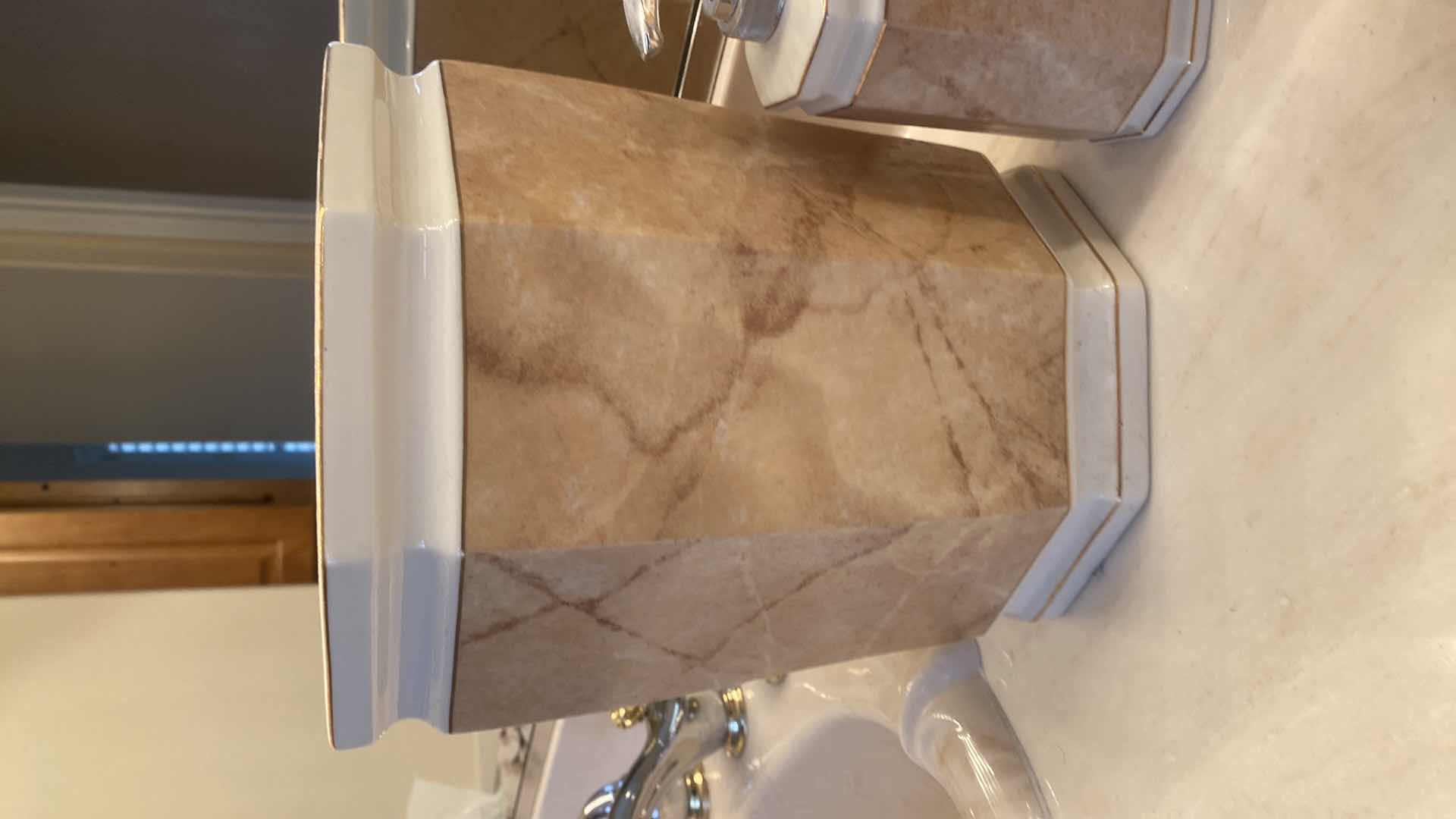 Photo 1 of PORCELAIN BATHROOM TRASH RECEPTACLE, SOAP DISH, SOAP HOLDERS, KLEENEX & POTPOURRI