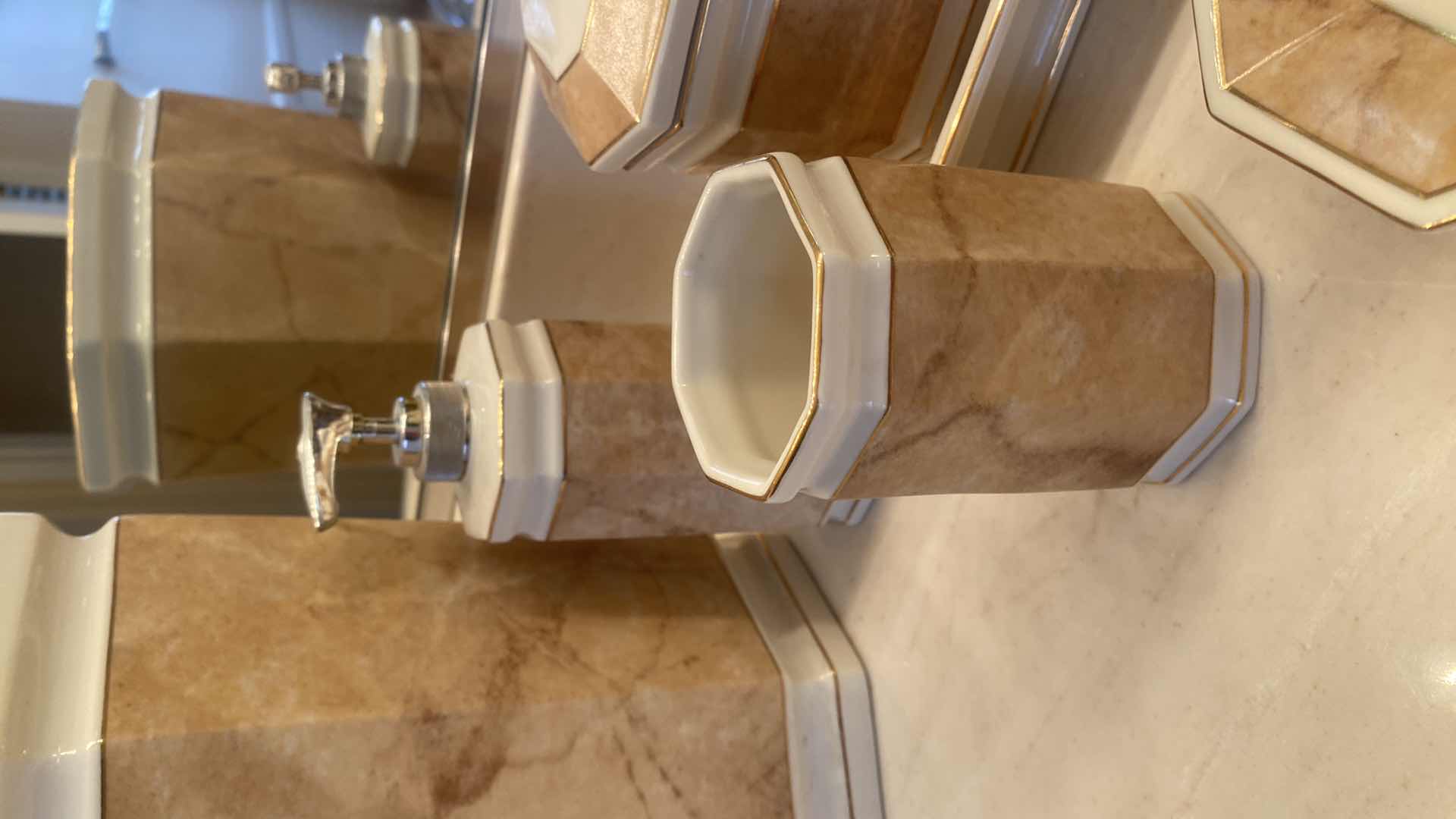 Photo 1 of PORCELAIN BATHROOM TRASH RECEPTACLE, SOAP DISH, SOAP HOLDERS, KLEENEX & POTPOURRI