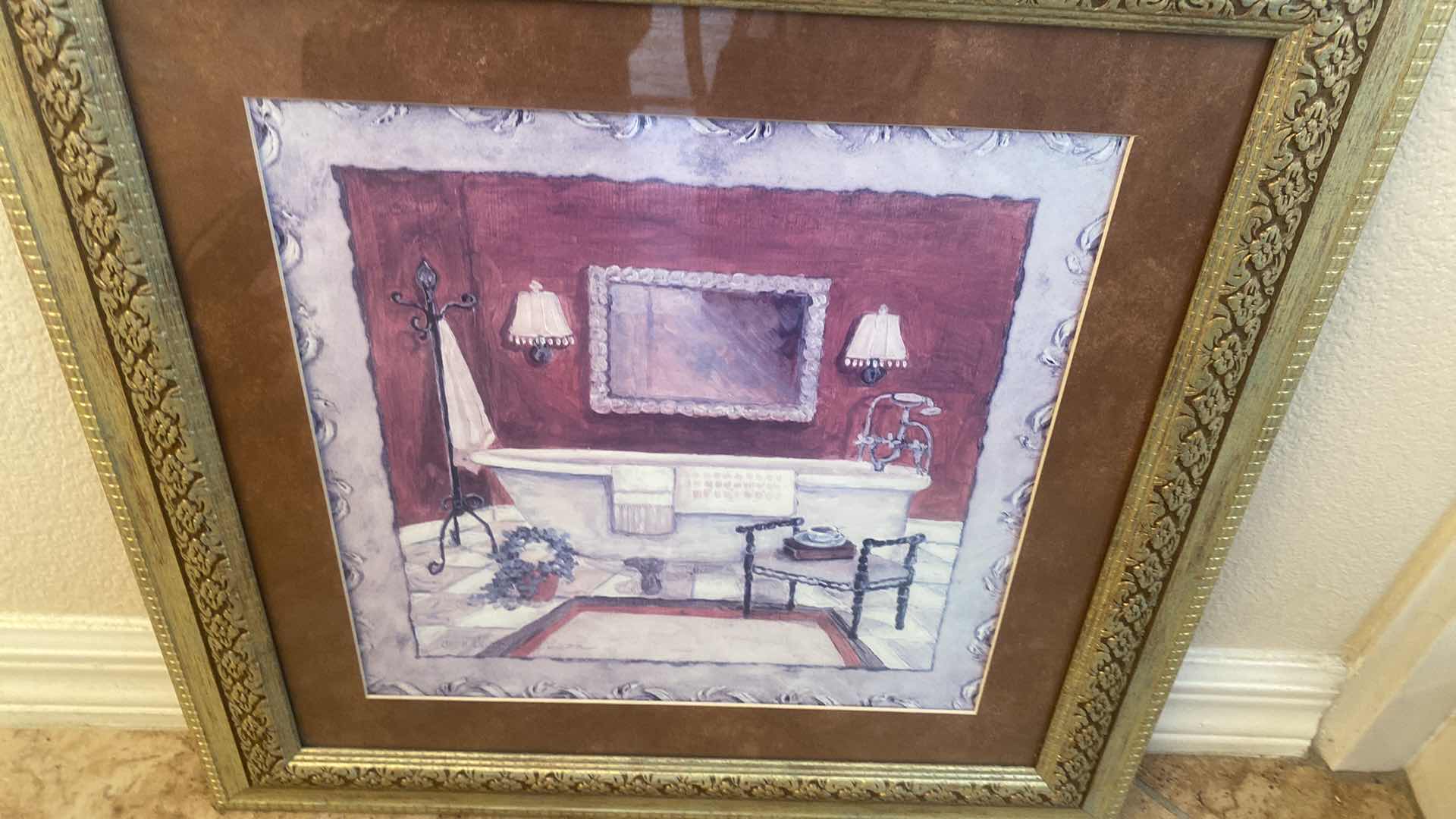 Photo 1 of 2-FAUX FLORALS H22” FRAMED BATH TUB ARTWORK 18” X 18”