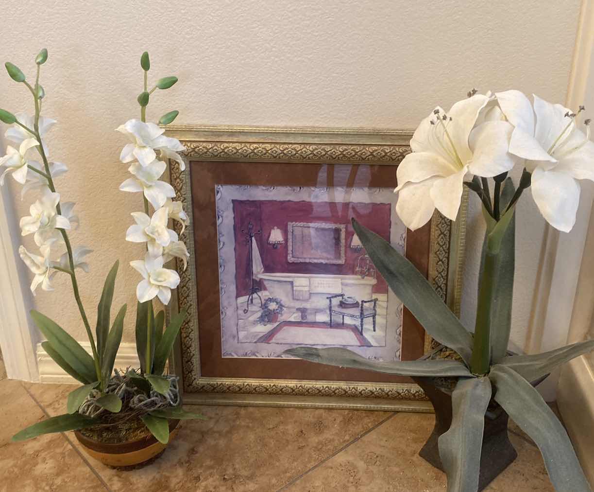 Photo 1 of 2-FAUX FLORALS H22” FRAMED BATH TUB ARTWORK 18” X 18”