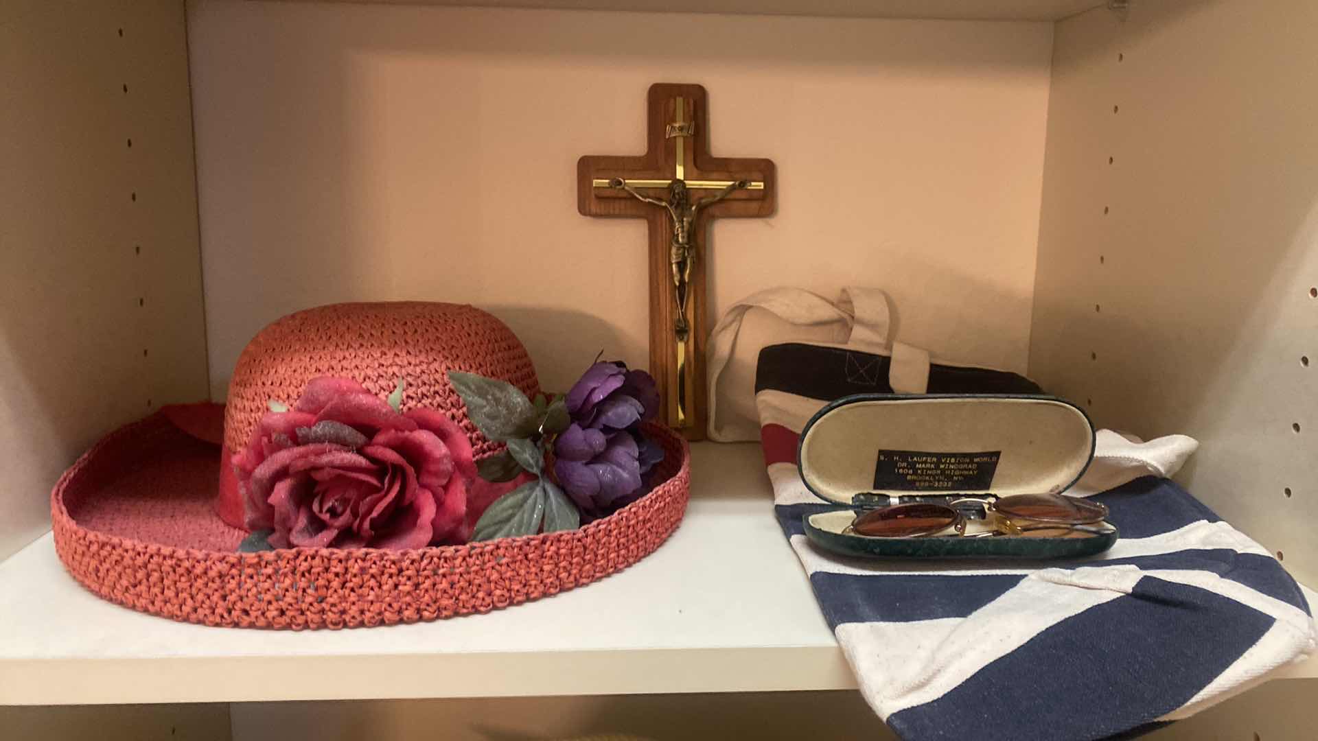 Photo 1 of 3 SHELFS WOMENS HATS, STRIPED BAG, CROSS , SUNGLASSES & WEIGHTS