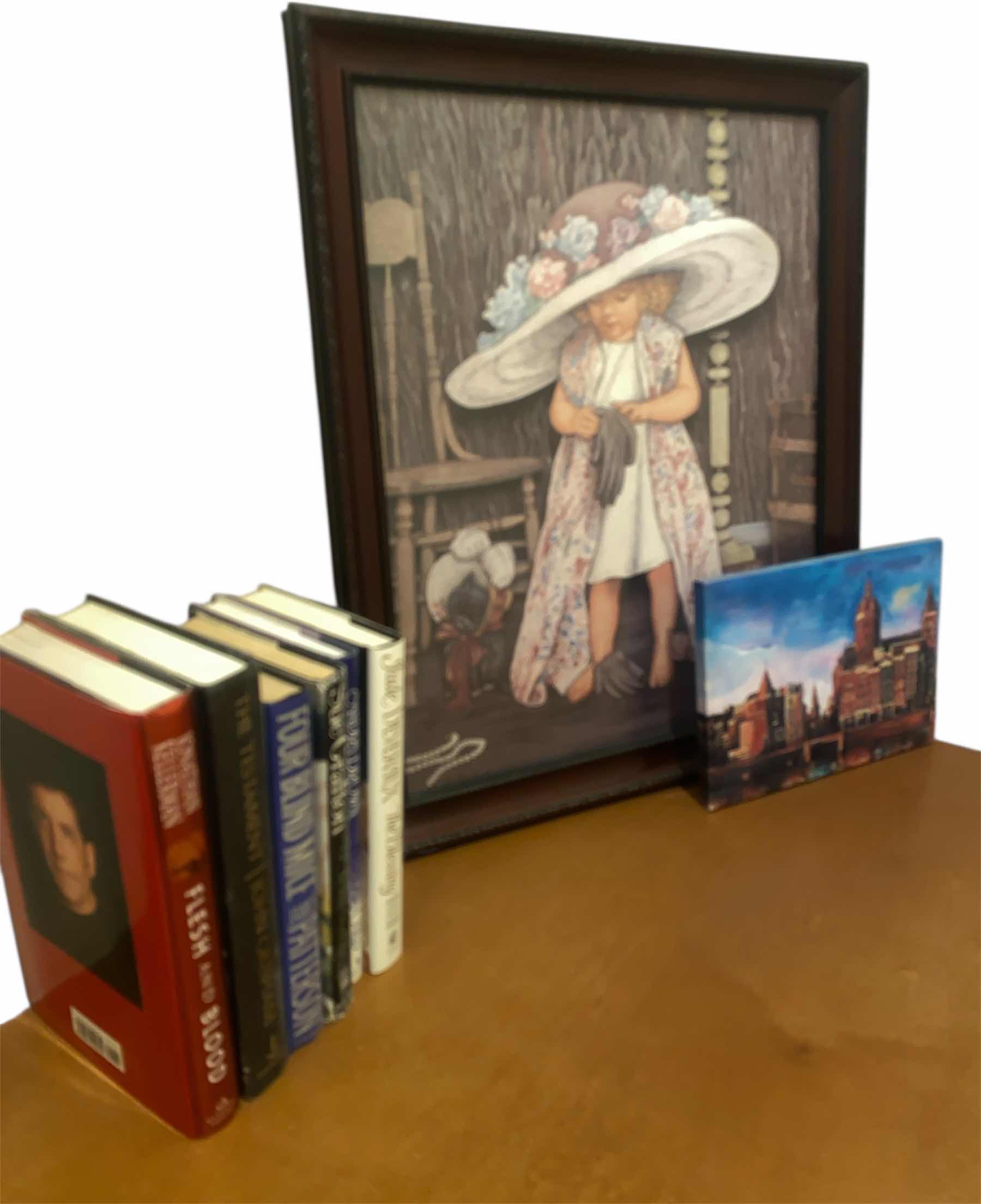 Photo 1 of 6-BOOKS NOVELS, STRETCHED CANVAS ARCHITECTURE ARTWORK & FRAMED GIRL PLAYING DRESS UP ARTWORK 19” x 23”