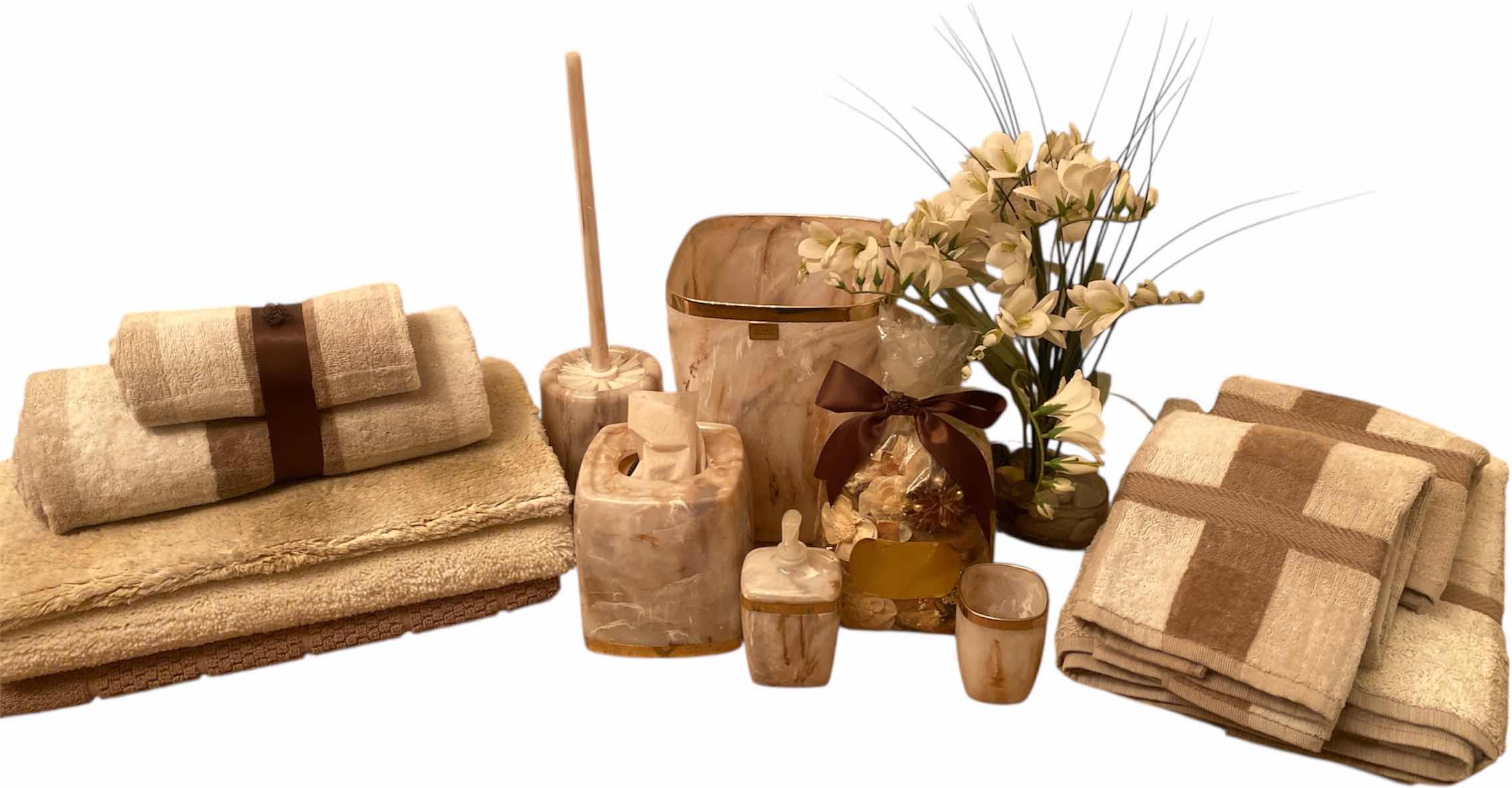 Photo 1 of BATHROOM PLASTIC ACCESSORIES, TOWELS, RUG & FAUX ORCHID H15”