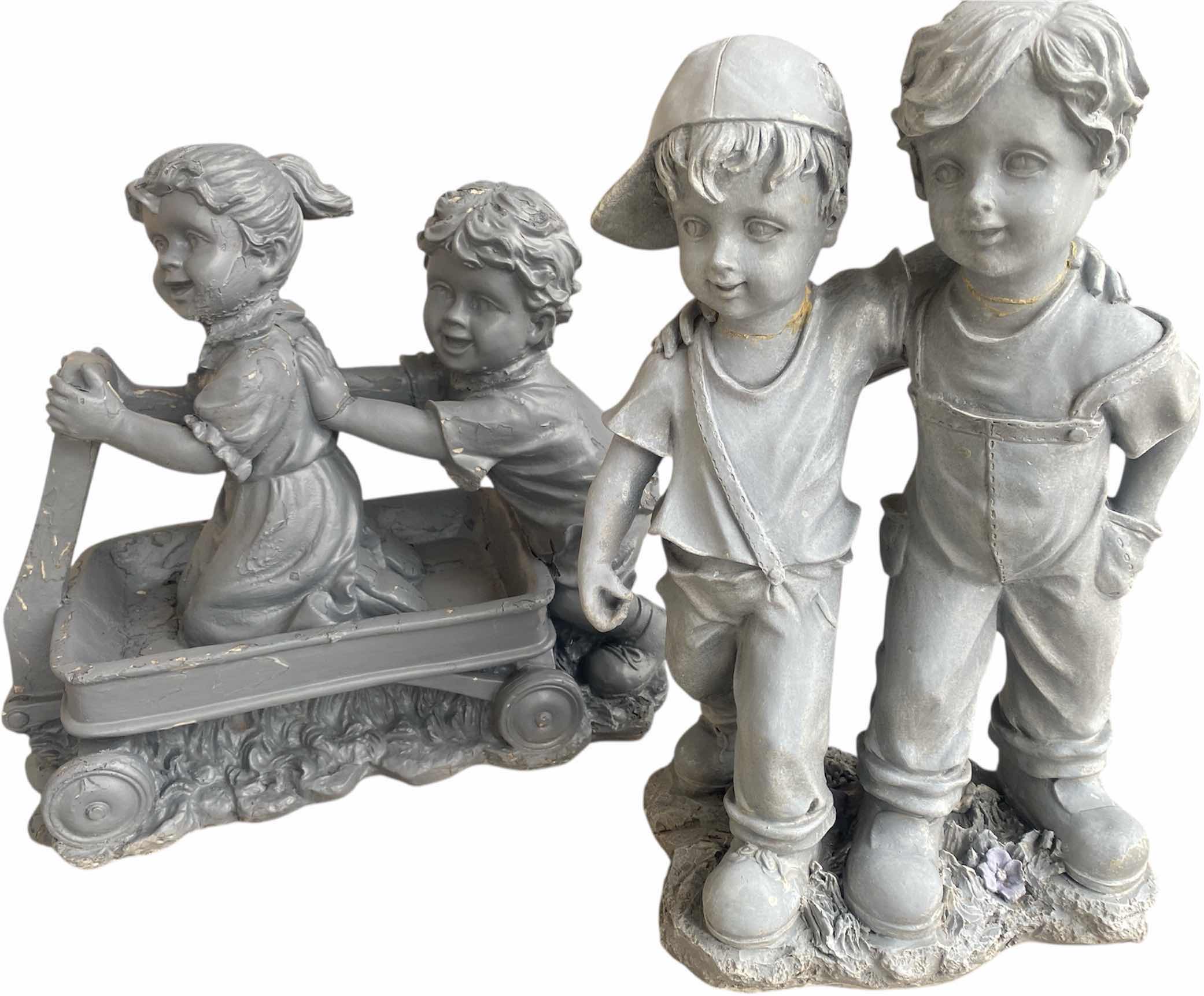 Photo 1 of 2-LIGHT PLASTER FIGURINES CHILDREN YARD ART LARGEST 14” x 16”