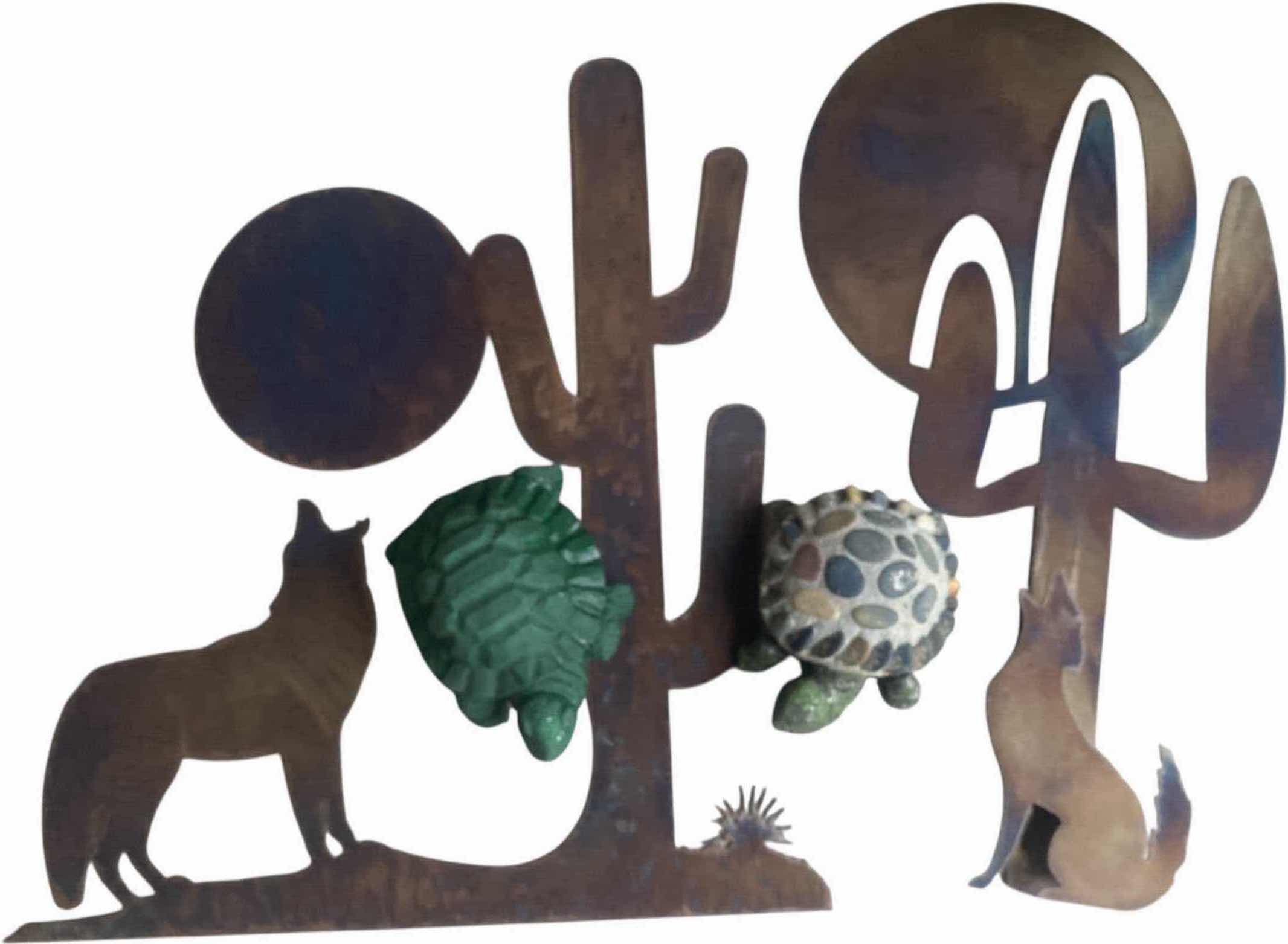 Photo 1 of 2-METAL WALL DECOR & 2 TURTLES LARGEST ITEM H17”