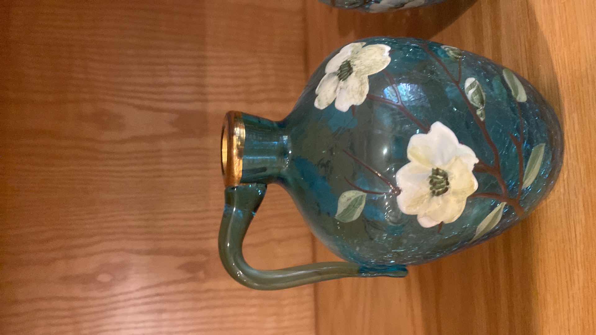 Photo 1 of 2-HANDPAINTED CRACKLE BLUE GLASS BOTTLES 5 1/2” x 7 1/2”