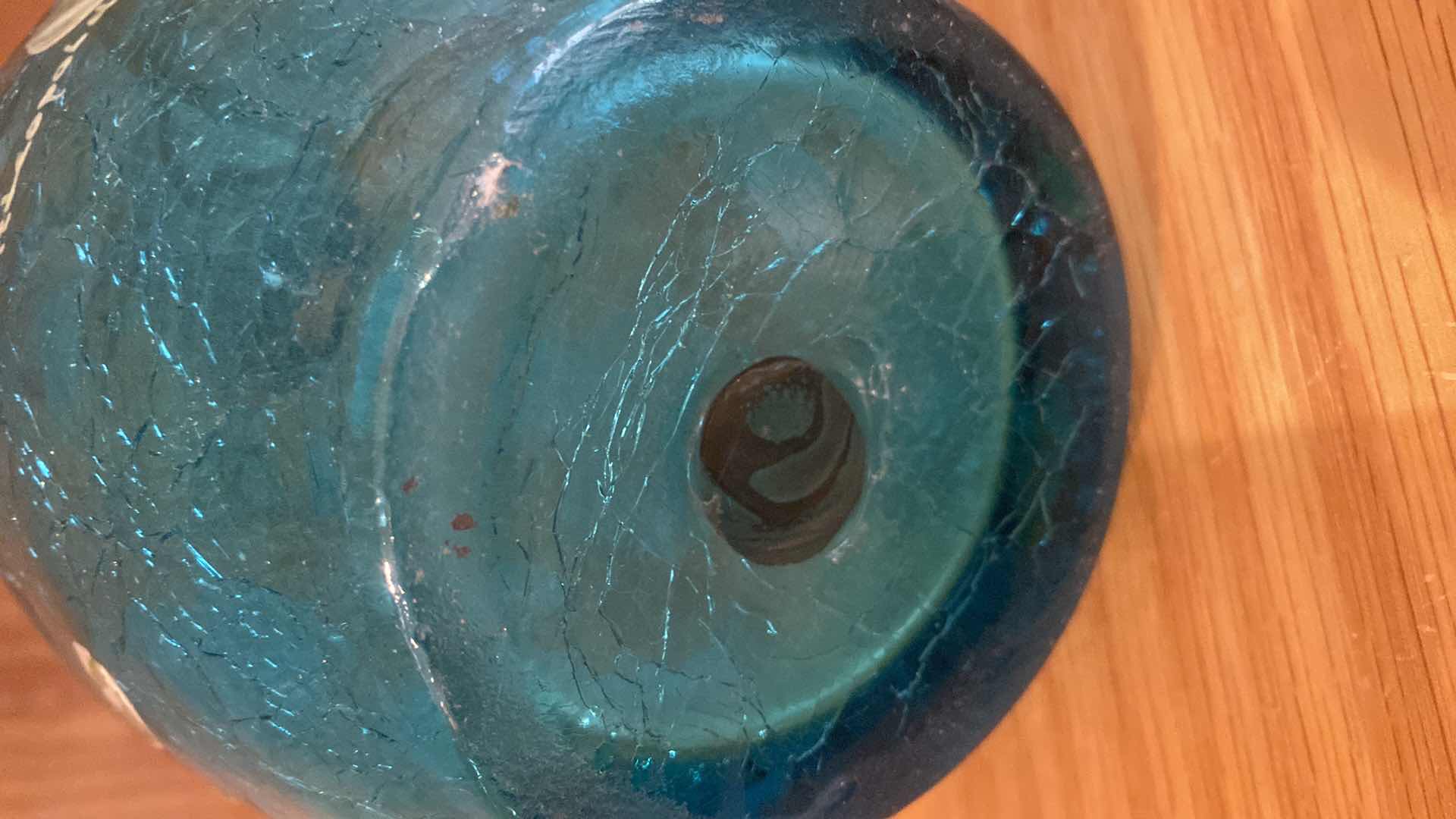 Photo 1 of 2-HANDPAINTED CRACKLE BLUE GLASS BOTTLES 5 1/2” x 7 1/2”