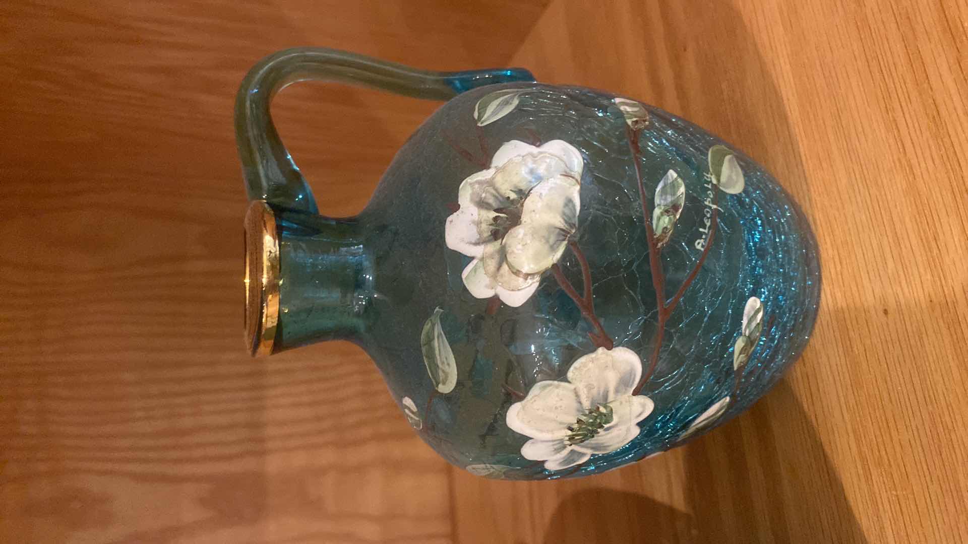 Photo 1 of 2-HANDPAINTED CRACKLE BLUE GLASS BOTTLES 5 1/2” x 7 1/2”