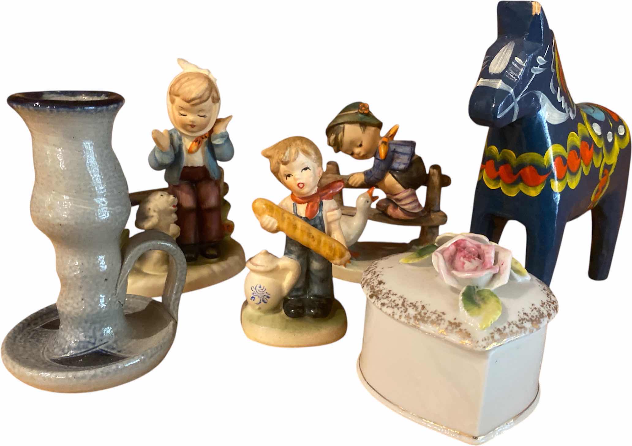 Photo 1 of 3-GOEBEL HUMMELS WOOD HORSE SMALL CERAMIC CANDLESTICK & TRINKET BOX LARGEST H6”