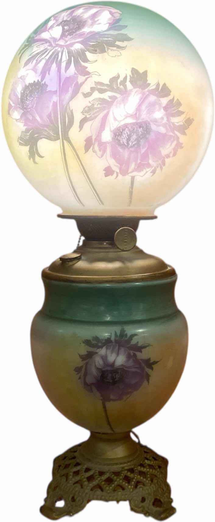 Photo 1 of ANTIQUE HURRICANE GONE WITH THE WIND HURRICANE OIL LAMP ELECTRIC LIGHT FLORAL PAINTED BRASS H21” EST VALUE $175