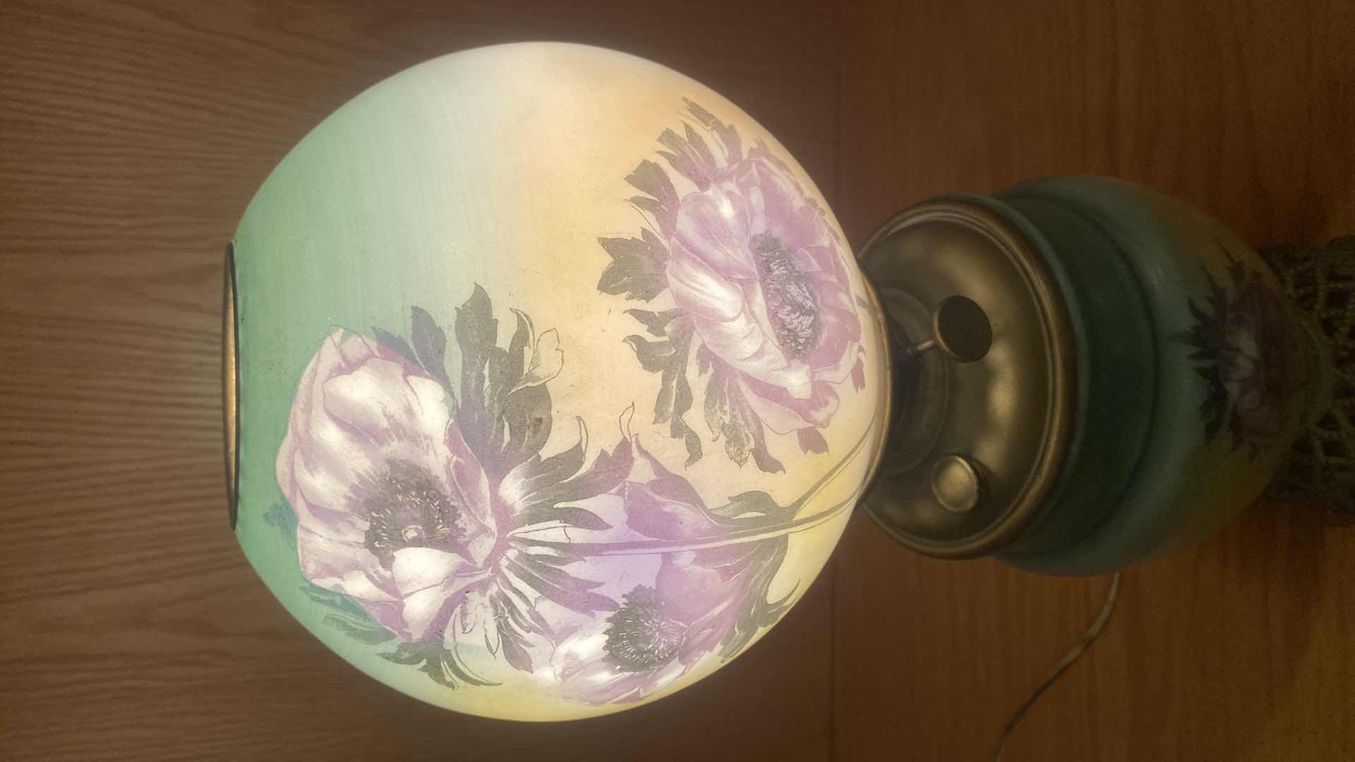 Photo 1 of ANTIQUE HURRICANE GONE WITH THE WIND HURRICANE OIL LAMP ELECTRIC LIGHT FLORAL PAINTED BRASS H21” EST VALUE $175