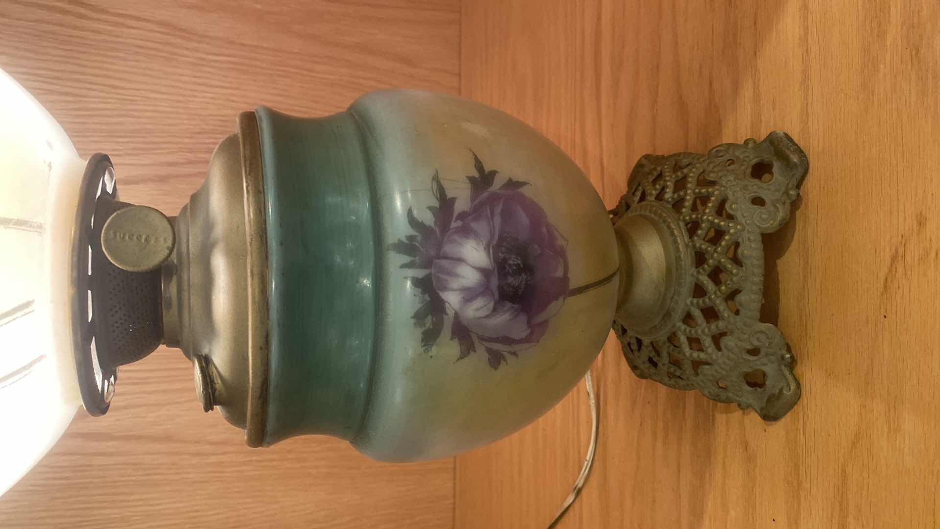 Photo 1 of ANTIQUE HURRICANE GONE WITH THE WIND HURRICANE OIL LAMP ELECTRIC LIGHT FLORAL PAINTED BRASS H21” EST VALUE $175