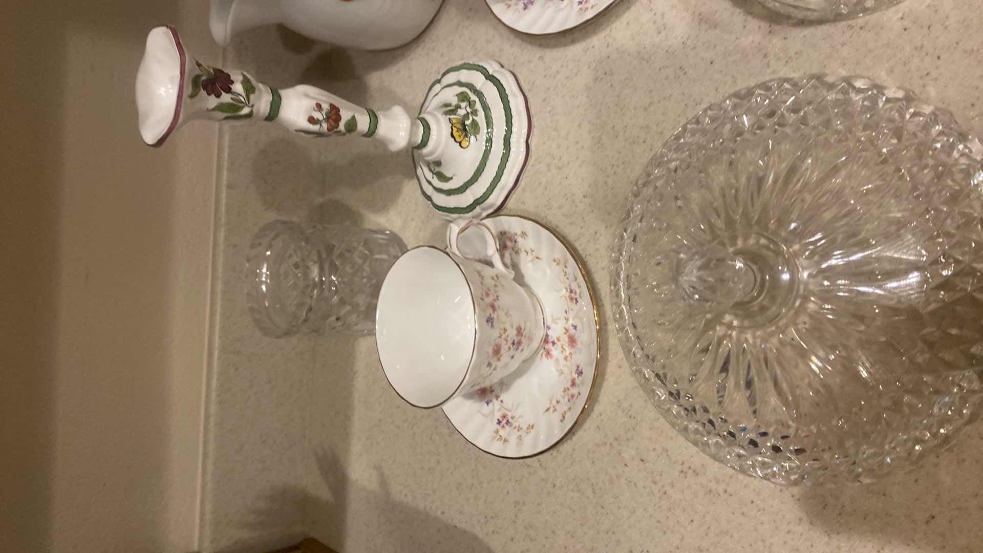 Photo 1 of 9-PORCELAIN & CRYSTAL - TEA CUPS, CANDLESTICK & LIDS