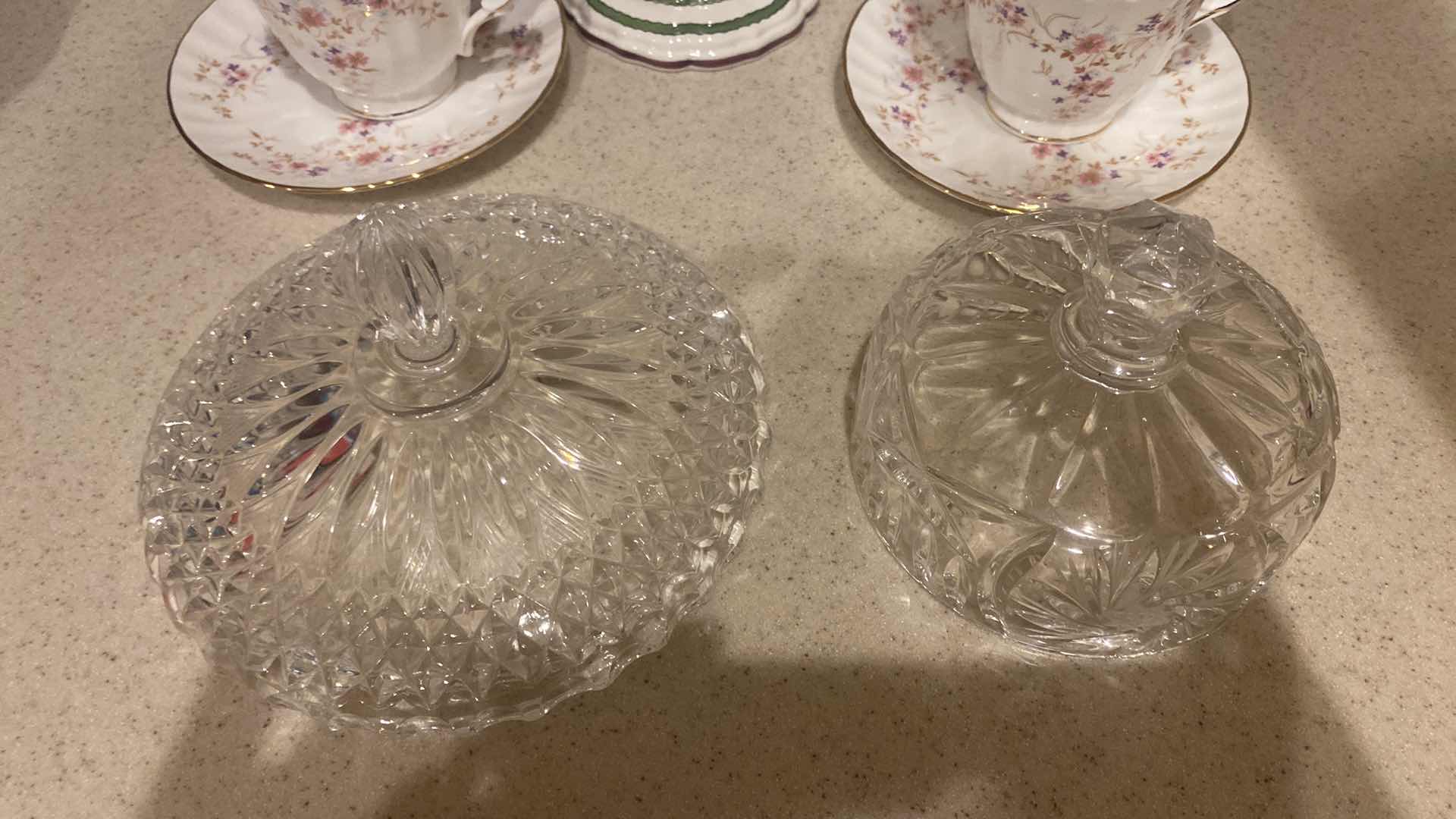 Photo 1 of 9-PORCELAIN & CRYSTAL - TEA CUPS, CANDLESTICK & LIDS