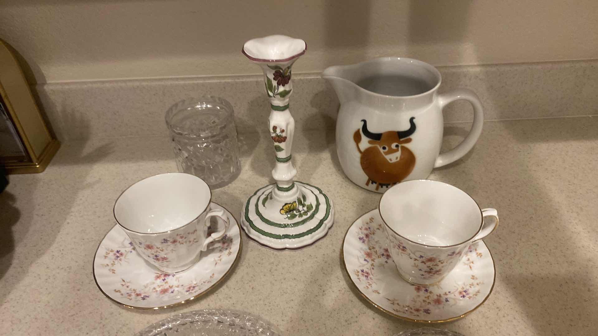 Photo 1 of 9-PORCELAIN & CRYSTAL - TEA CUPS, CANDLESTICK & LIDS