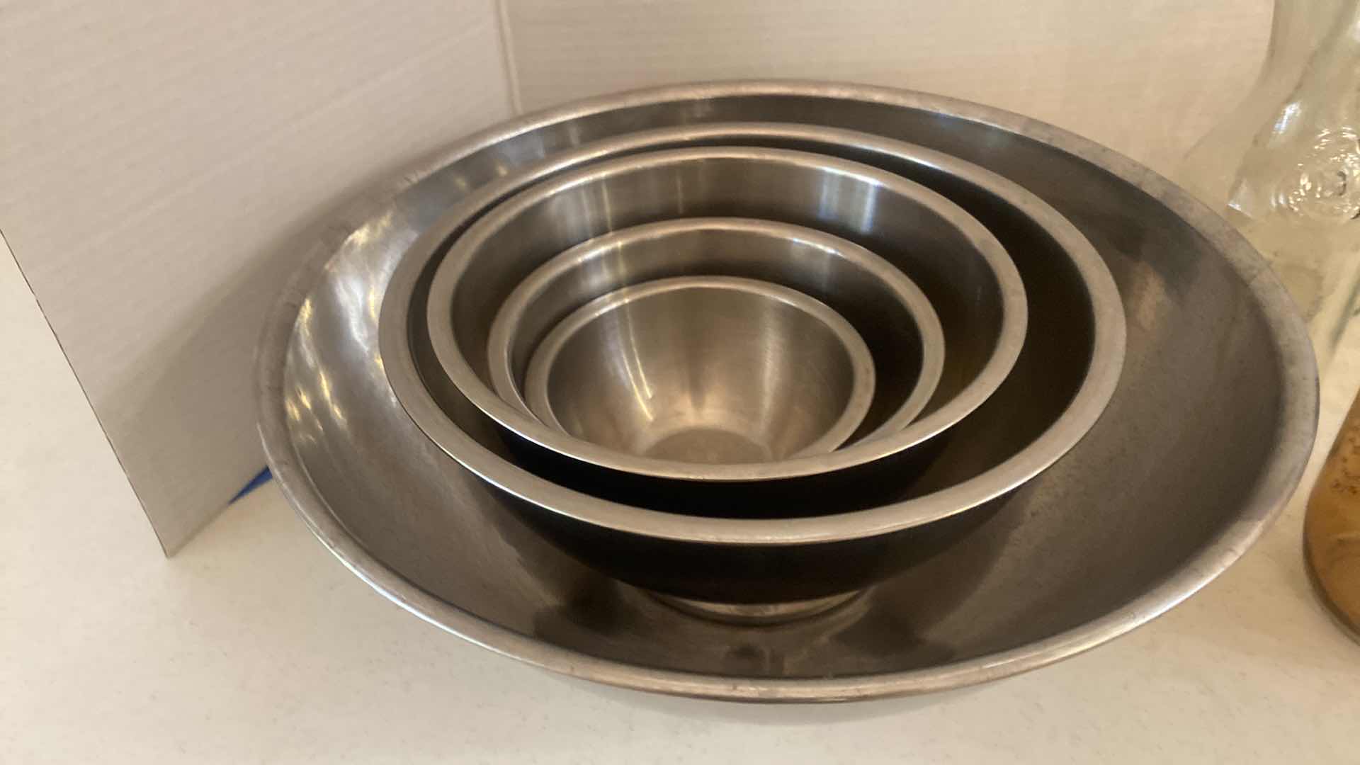 Photo 1 of 5-STAINLESS STEEL MIXING BOWLS, 3 CARAFES & 2 BALL JARS