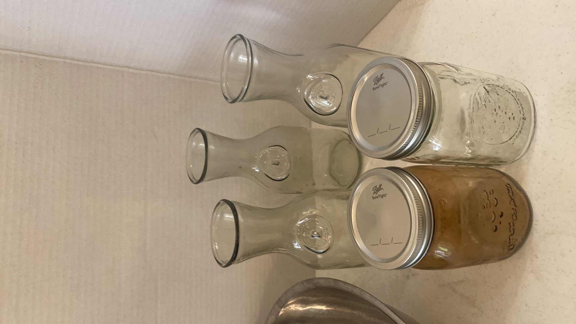 Photo 1 of 5-STAINLESS STEEL MIXING BOWLS, 3 CARAFES & 2 BALL JARS