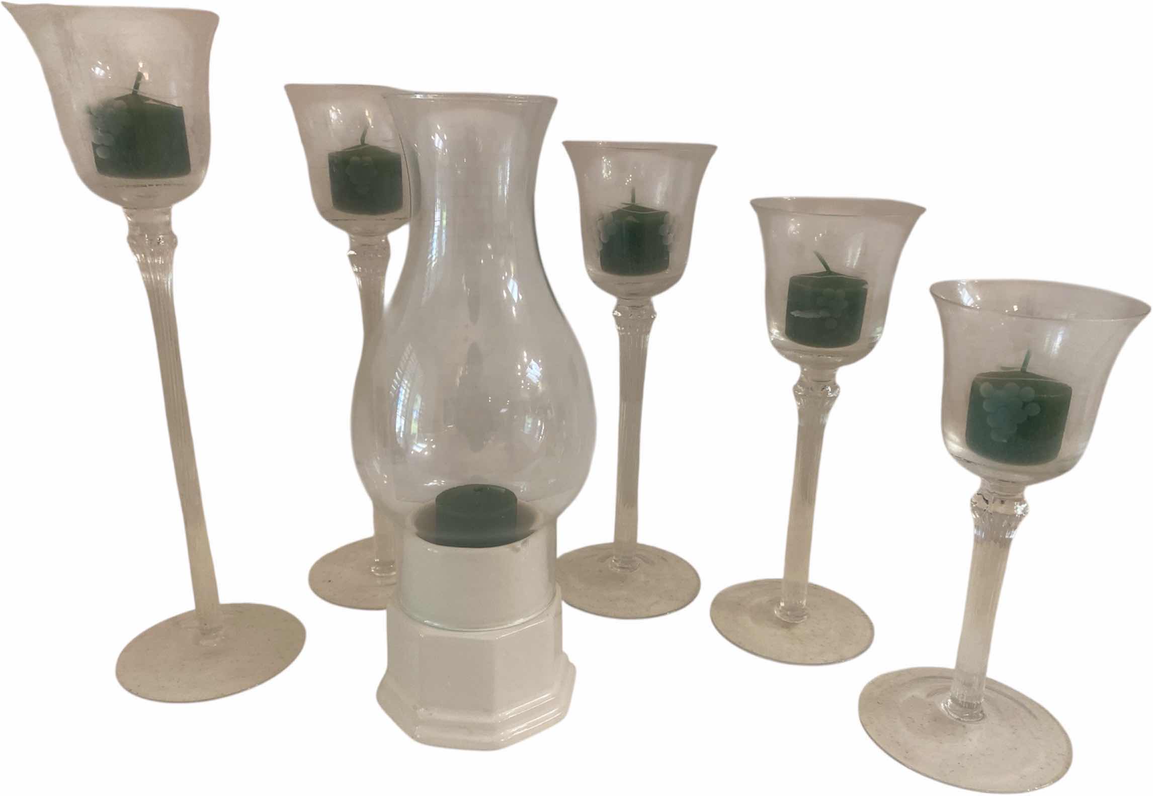 Photo 1 of 5-ETCHED GLASS VOTIVE HOLDRRS & HURRICANE STYLE CANDLE HOLDER