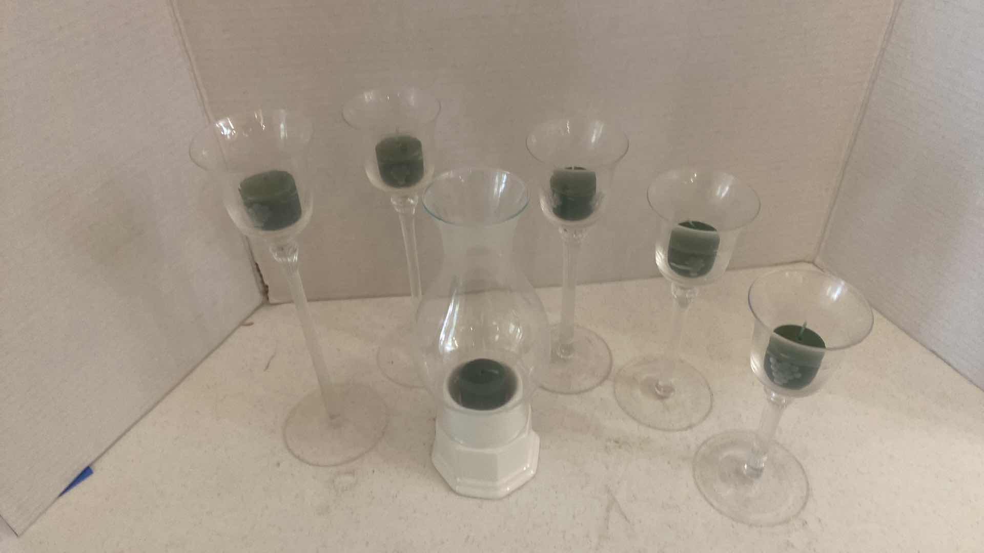 Photo 1 of 5-ETCHED GLASS VOTIVE HOLDRRS & HURRICANE STYLE CANDLE HOLDER