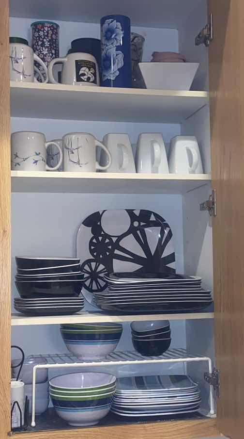 Photo 1 of CONTENTS OF CABINET - MELAMINE DINNERWARE & CERAMIC COFFEE CUPS