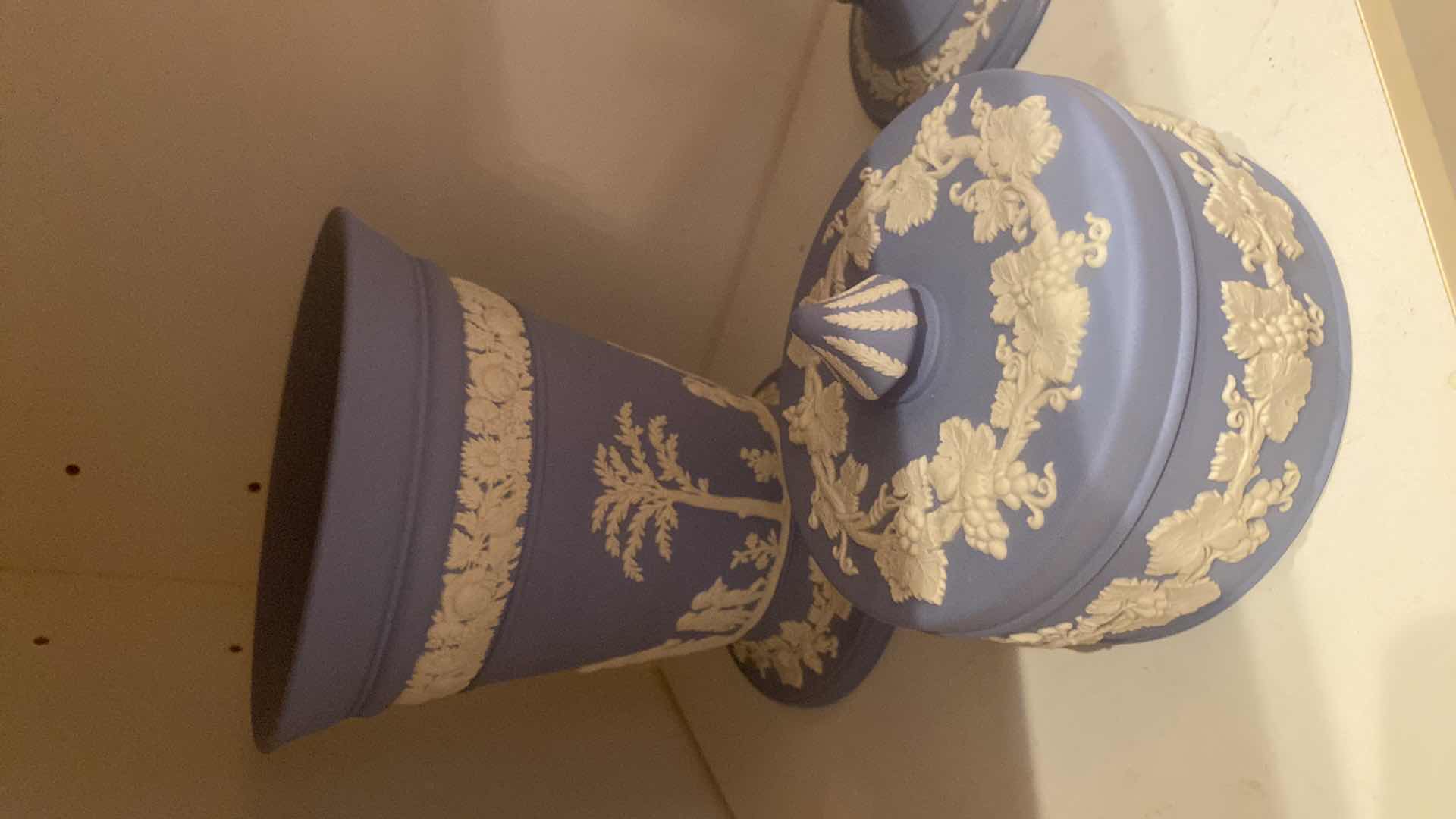 Photo 1 of CONTENTS OF CABINET-4 WEDGWOOD DECOR - FLOWER VASE, TRINKET BIX & CANDLESTICKS H7”