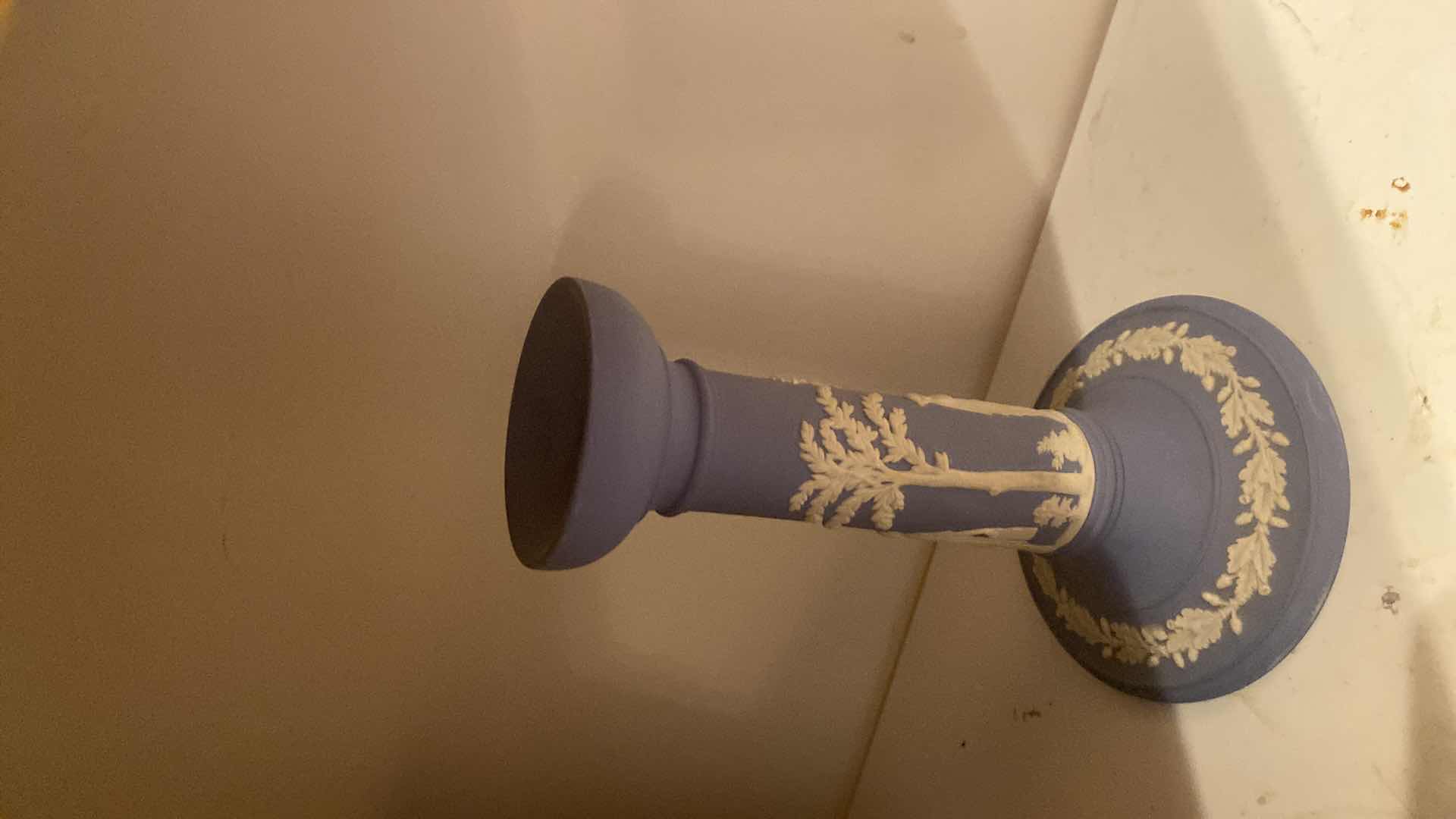 Photo 1 of CONTENTS OF CABINET-4 WEDGWOOD DECOR - FLOWER VASE, TRINKET BIX & CANDLESTICKS H7”