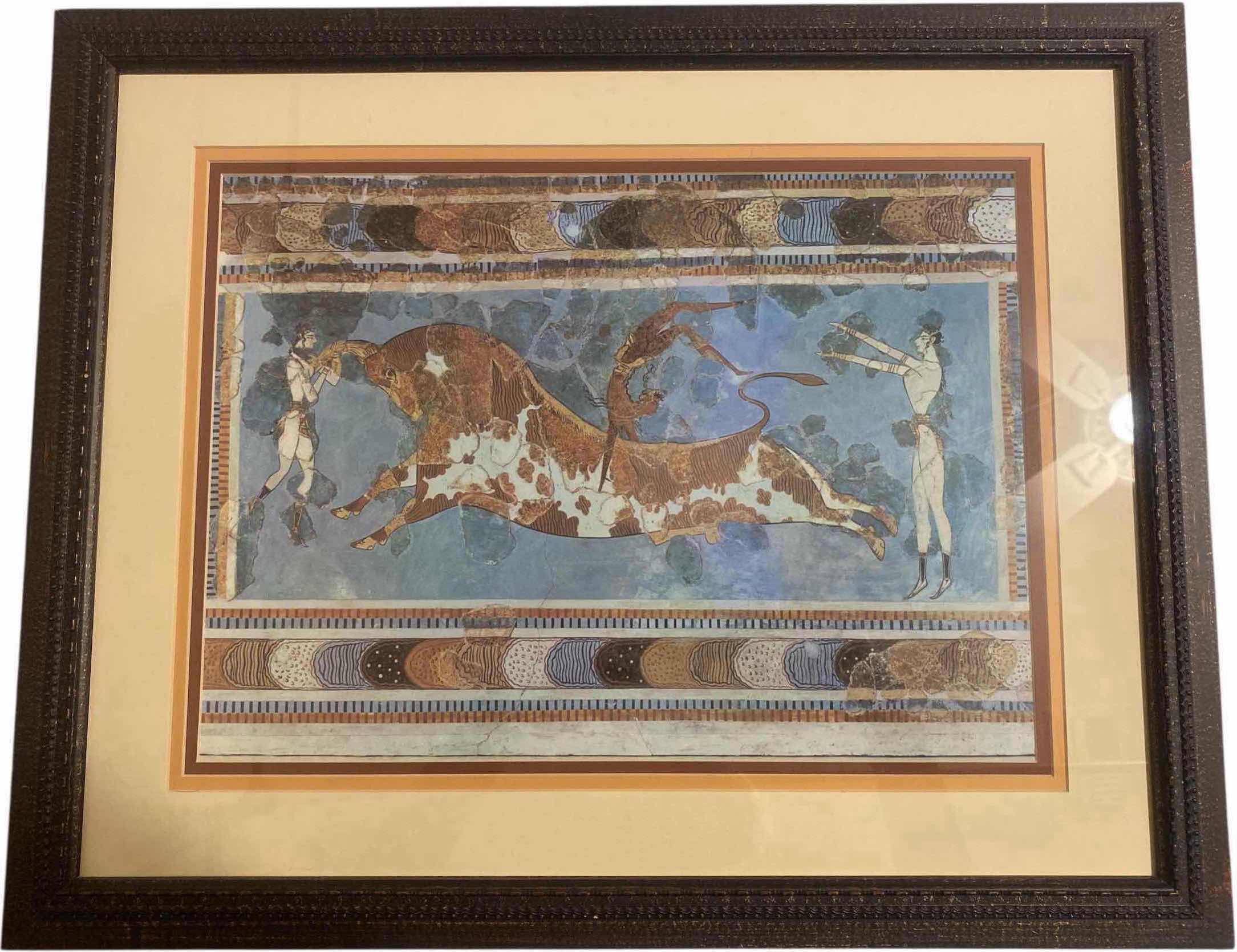 Photo 1 of FRAMED MINOAN BULL LEAPING GRESCO ANCIENT GREECE PRINT ARTWORK 22” x 17 1/2”