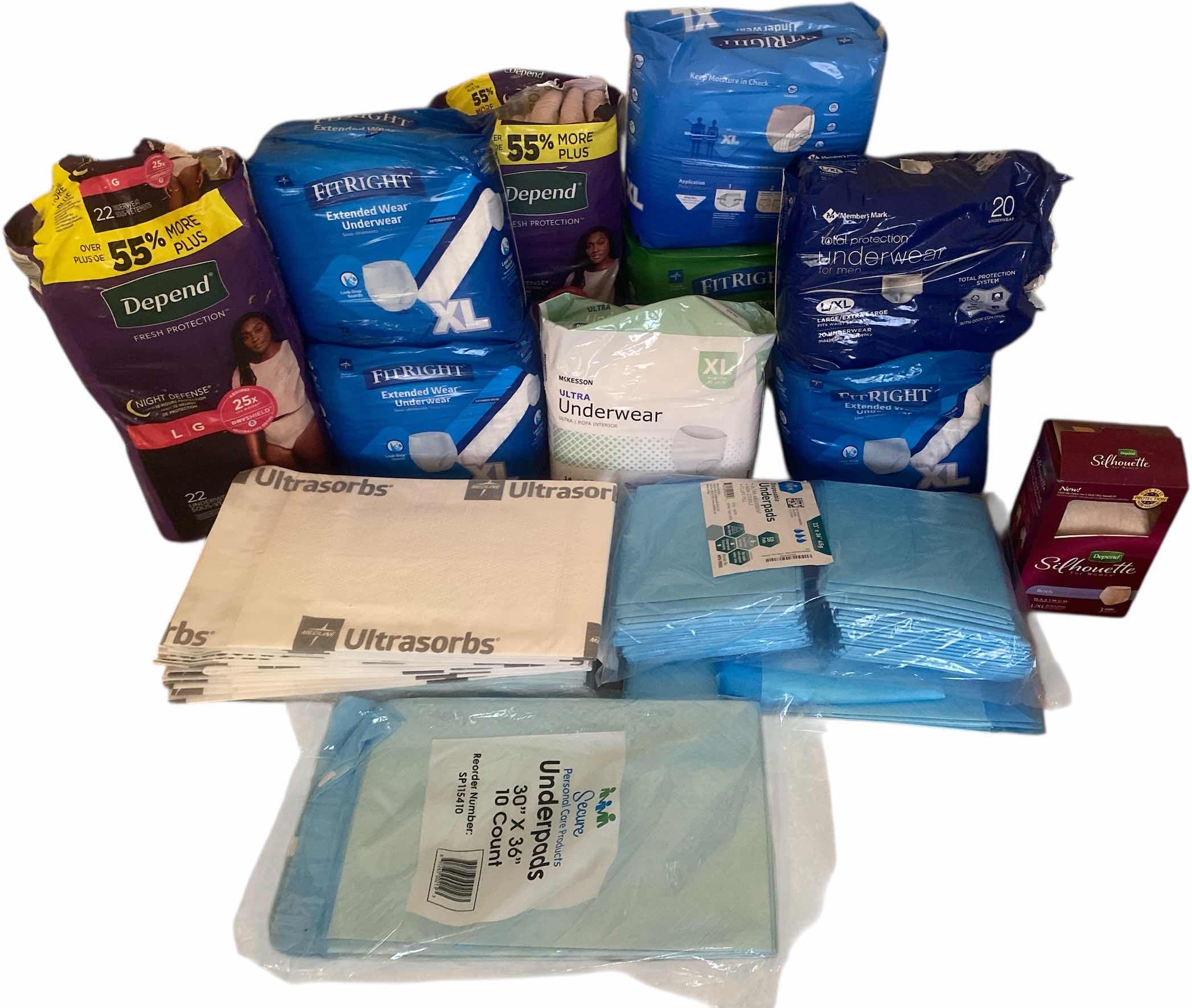 Photo 1 of DEPENDS UNDERGARMENTS SIZES LARGE AND X LARGE AND UNDERPADS