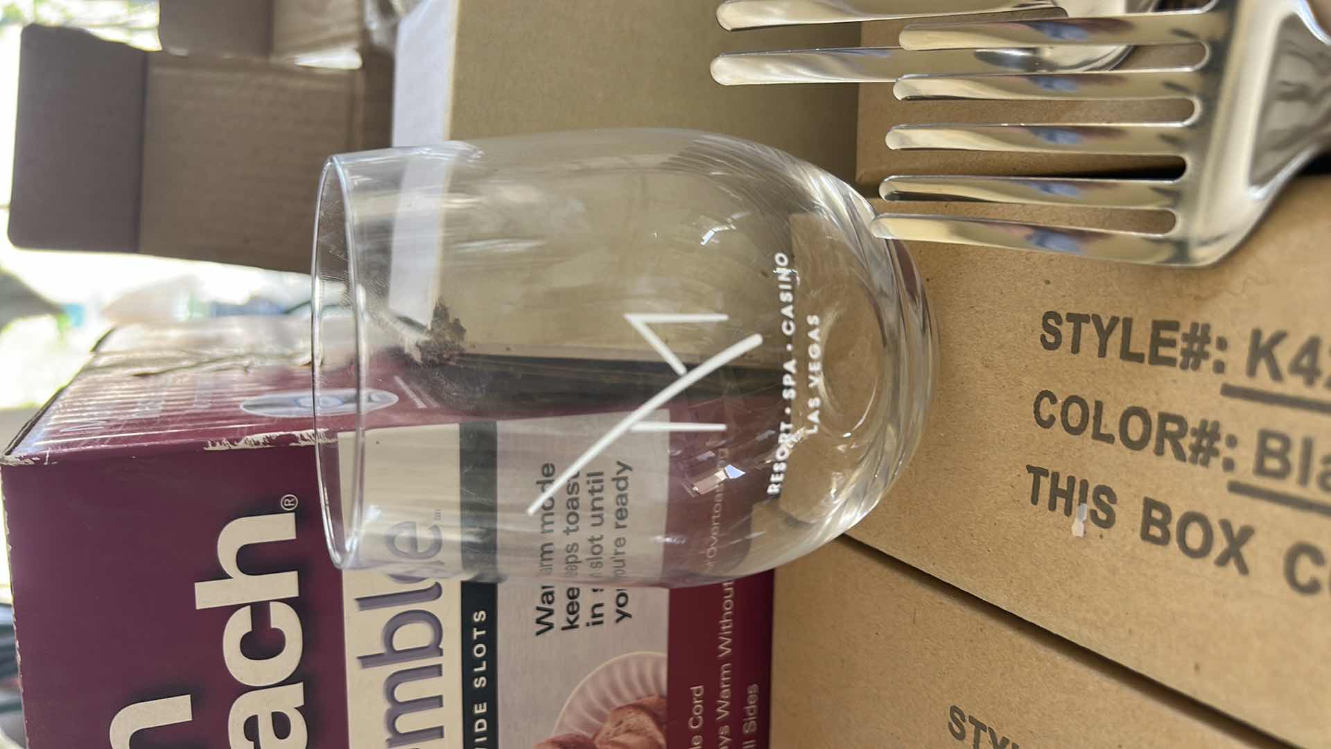 Photo 1 of HAMILTON BEACH TOASTER FOR AND RESORT GLASSES AND FIVE BOXES OF NEW LARGE FORK UTENSILS