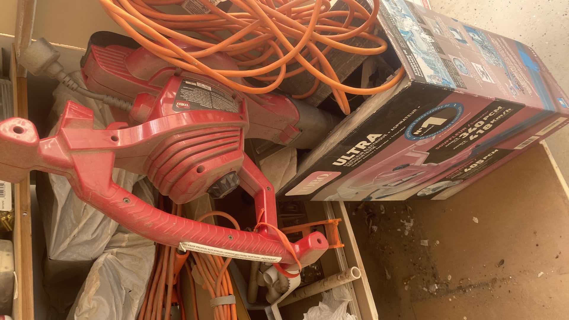 Photo 1 of CONTENTS OF CABINET BACKYARD, YARD BLOWER, LEVELER, NUTS AND BOLTS EXTENSION CORDS AND MORE