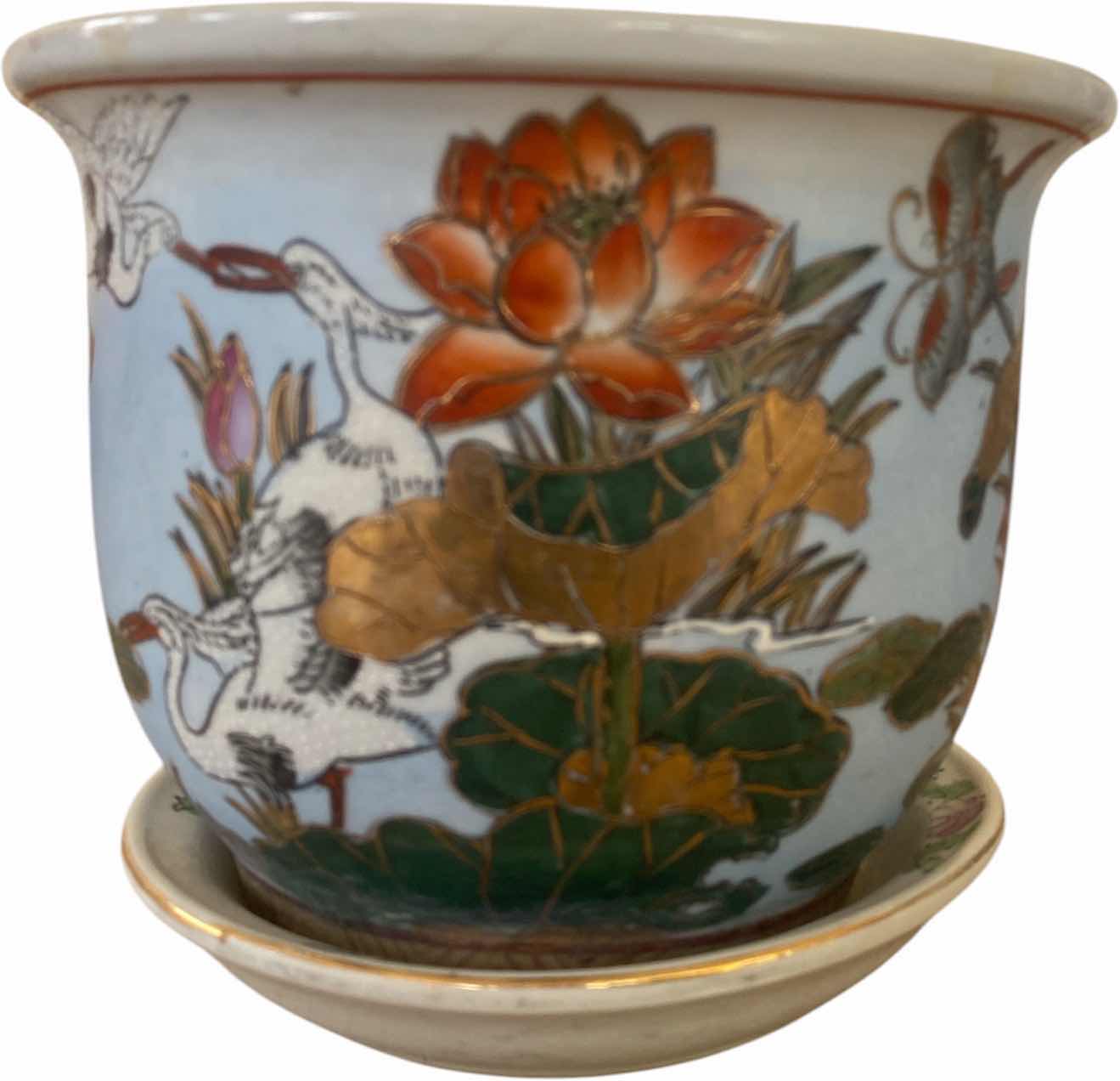Photo 1 of VINTAGE ORIENTAL HAND-PAINTED CERAMIC POT WITH MATCHING SAUCER 7 3/4” X 6 3/4”