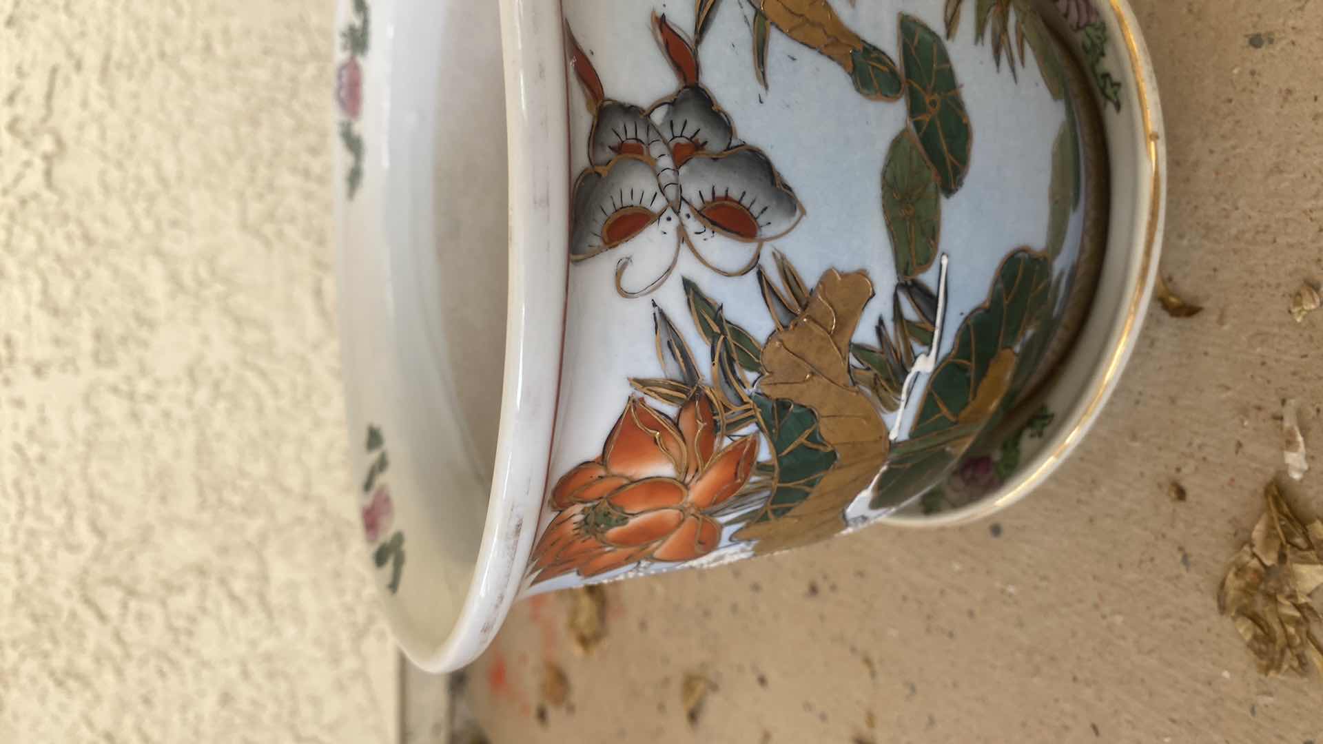 Photo 1 of VINTAGE ORIENTAL HAND-PAINTED CERAMIC POT WITH MATCHING SAUCER 7 3/4” X 6 3/4”