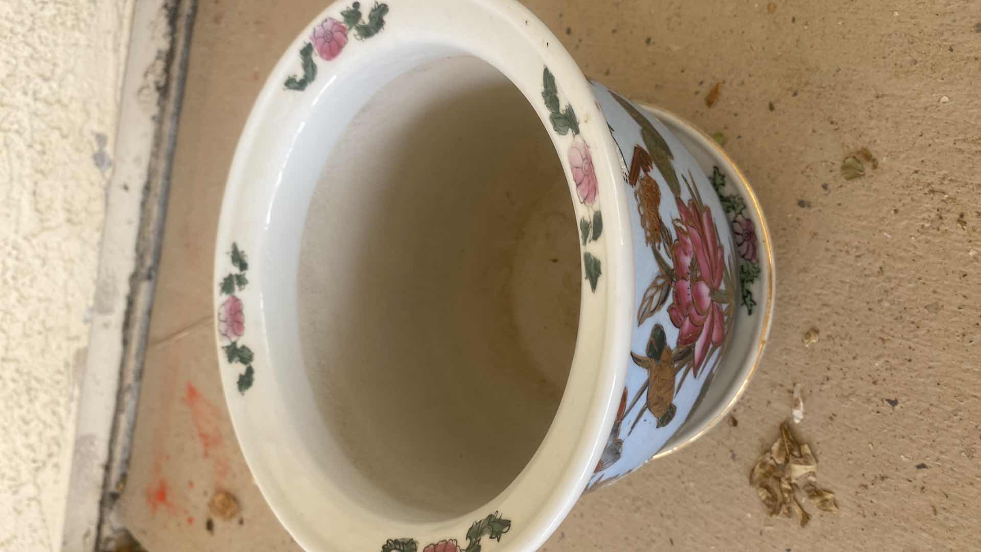 Photo 1 of VINTAGE ORIENTAL HAND-PAINTED CERAMIC POT WITH MATCHING SAUCER 7 3/4” X 6 3/4”
