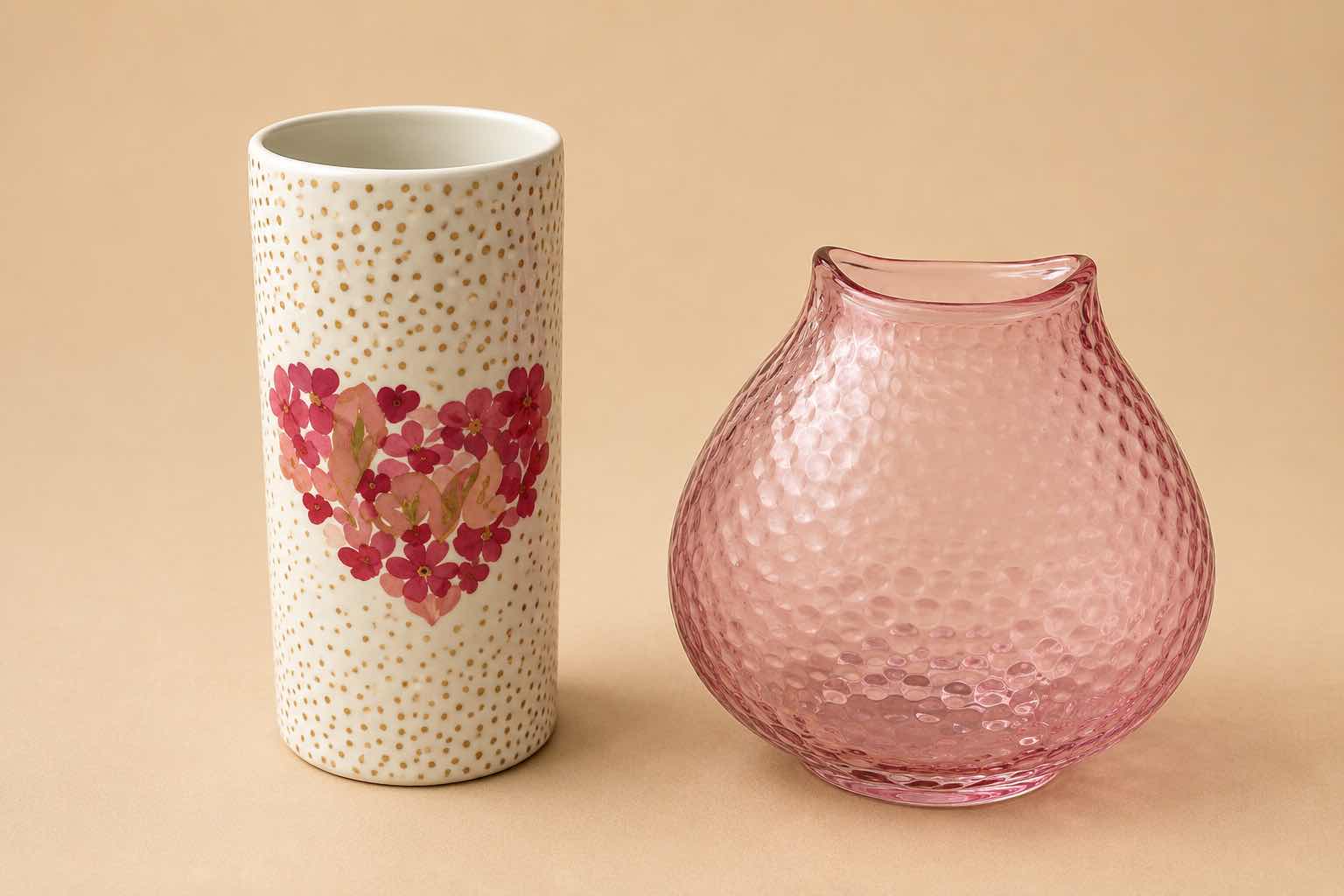Photo 1 of PINK CLEAR GLASS & CERAMIC HEART "LOVE" VASE