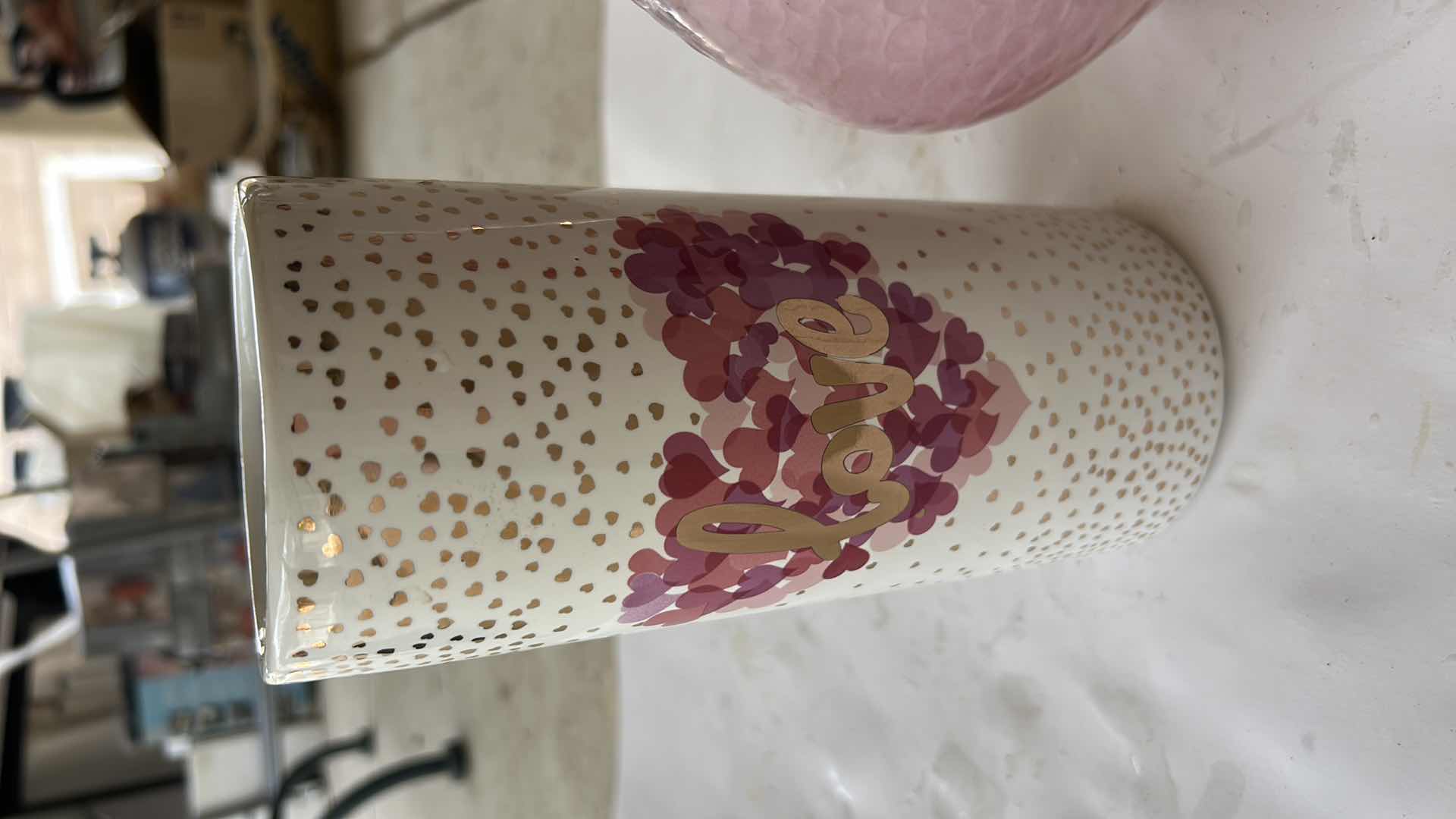 Photo 1 of PINK CLEAR GLASS & CERAMIC HEART "LOVE" VASE