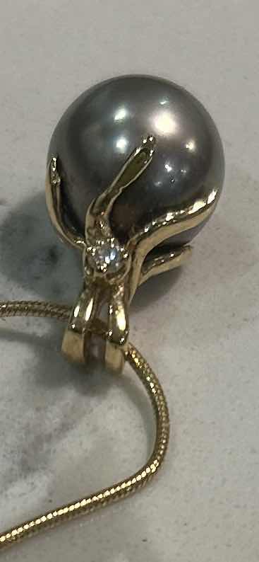 Photo 1 of 14K GOLD NECKLACE FROM ITALY 24” CHAIN  WITH SILVER PEARL 1/2” AND DIAMOND