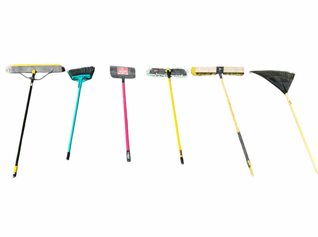 Photo 1 of OUTDOOR GARDENING, BROOM WITH DUSTPAN, 2- BRUSH BRROM, MOP, BIG BULLY FLOOR SCRAPPER, LEAF RAKE, 6 ITEMS