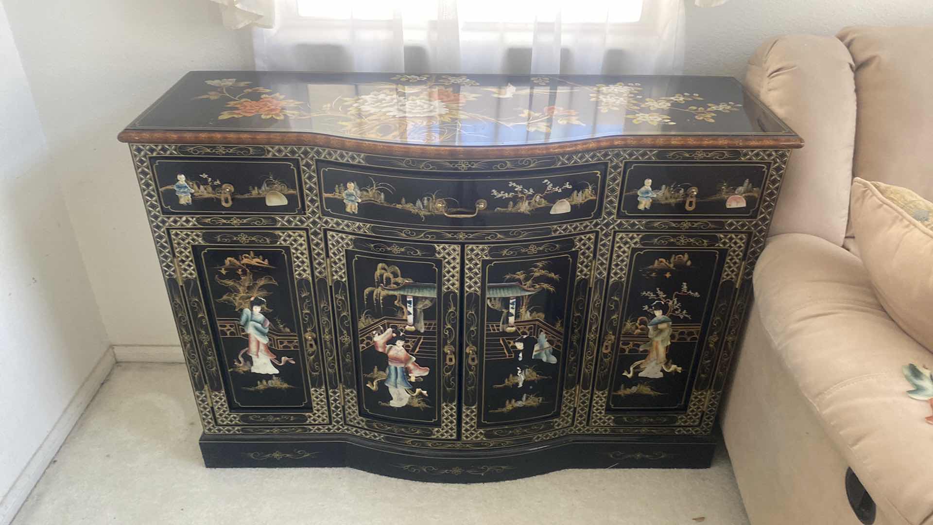 Photo 1 of CHINESE BLACK LACQUER WITH MOTHER OF PEARL SIDEBOARD 48“ x 16“ H33 1/2”