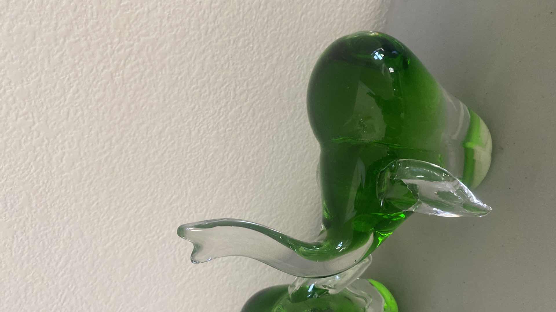 Photo 1 of PAIR OF GREEN GLASS HAND BLOWN ELEPHANTS H8 1/2”