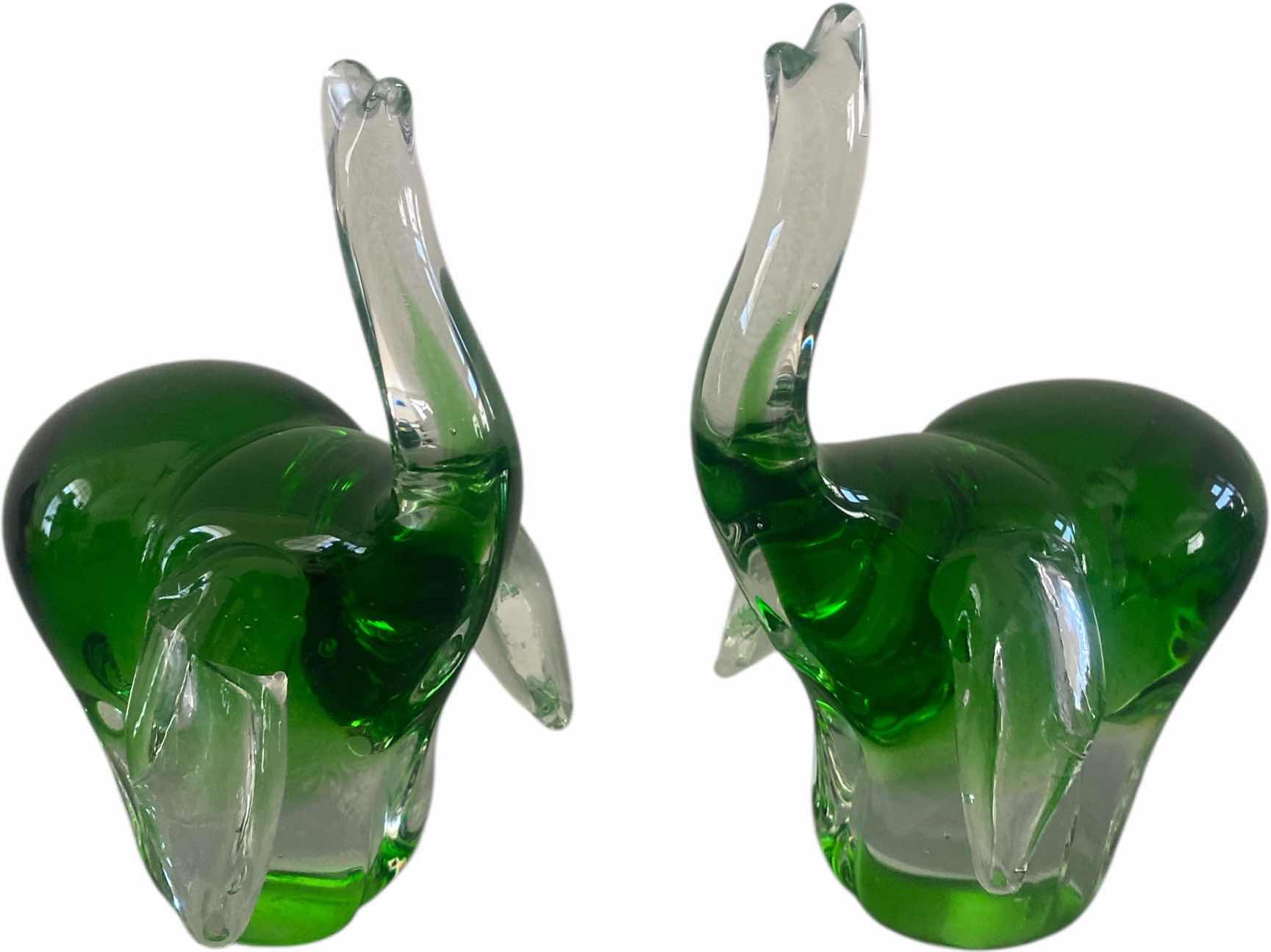 Photo 1 of PAIR OF GREEN GLASS HAND BLOWN ELEPHANTS H8 1/2”