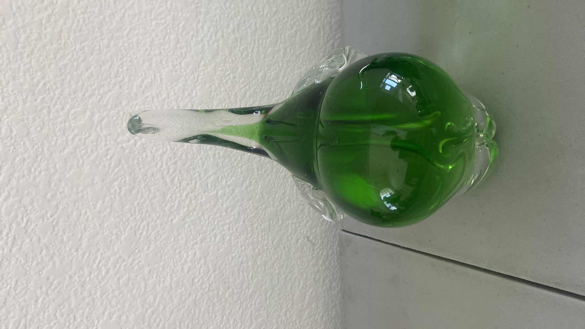 Photo 1 of PAIR OF GREEN GLASS HAND BLOWN ELEPHANTS H8 1/2”
