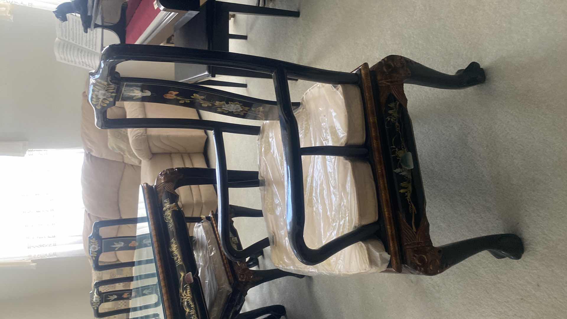 Photo 1 of BLACK LACQUER DINING  ARM CHAIR WITH CUSHION / MOTHER OF PEARL (6 side chairs 2 armchairs and table available all sold separately)