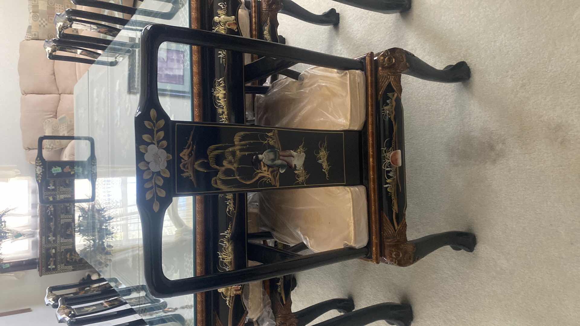 Photo 1 of BLACK LACQUER DINING  ARM CHAIR WITH CUSHION / MOTHER OF PEARL (6 side chairs 2 armchairs and table available all sold separately)