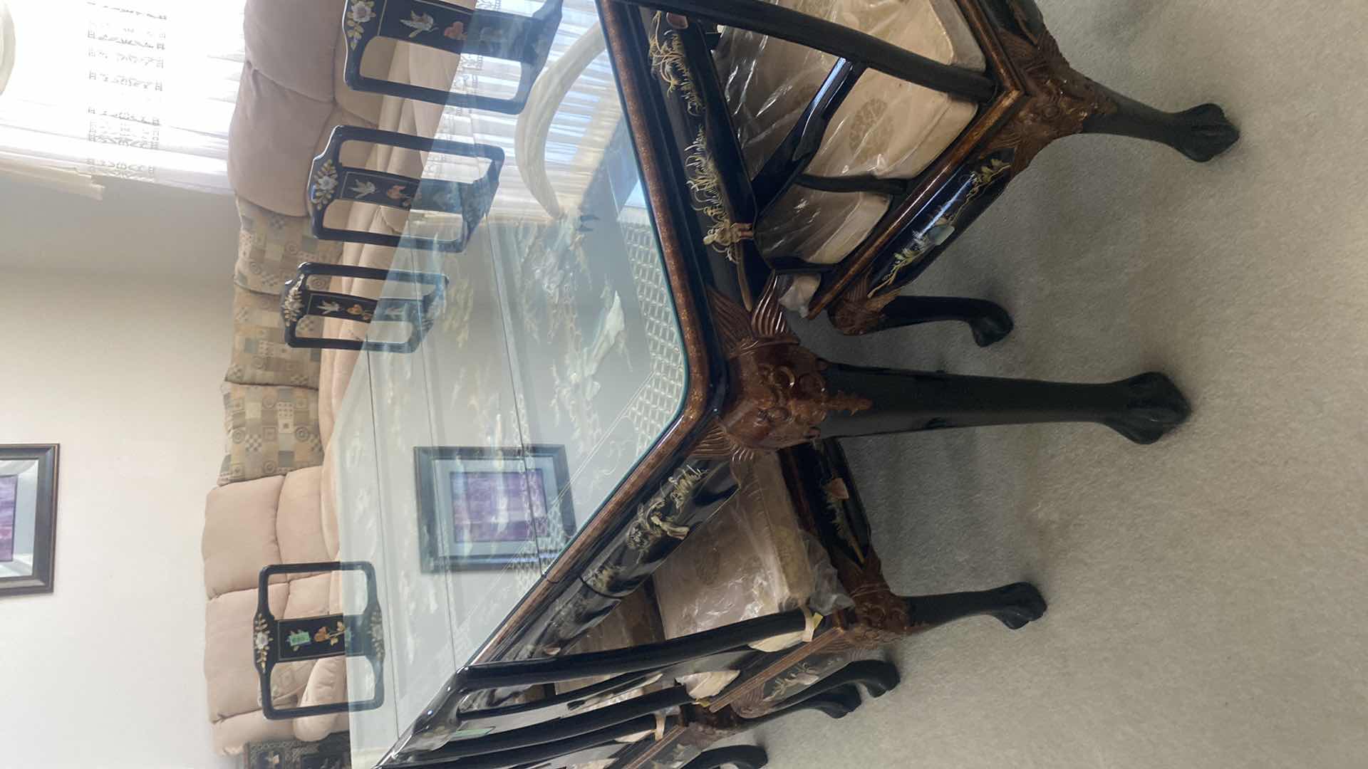 Photo 1 of BLACK LACQUER DINING  TABLE WITH GLASS TOP / MOTHER OF PEARL 46” x 46” H31” WITH 2 LEAFS 20” EACH = MAX SIZE 86” x 46” H31” (6 side chairs 2 armchairs and table available all sold separately)