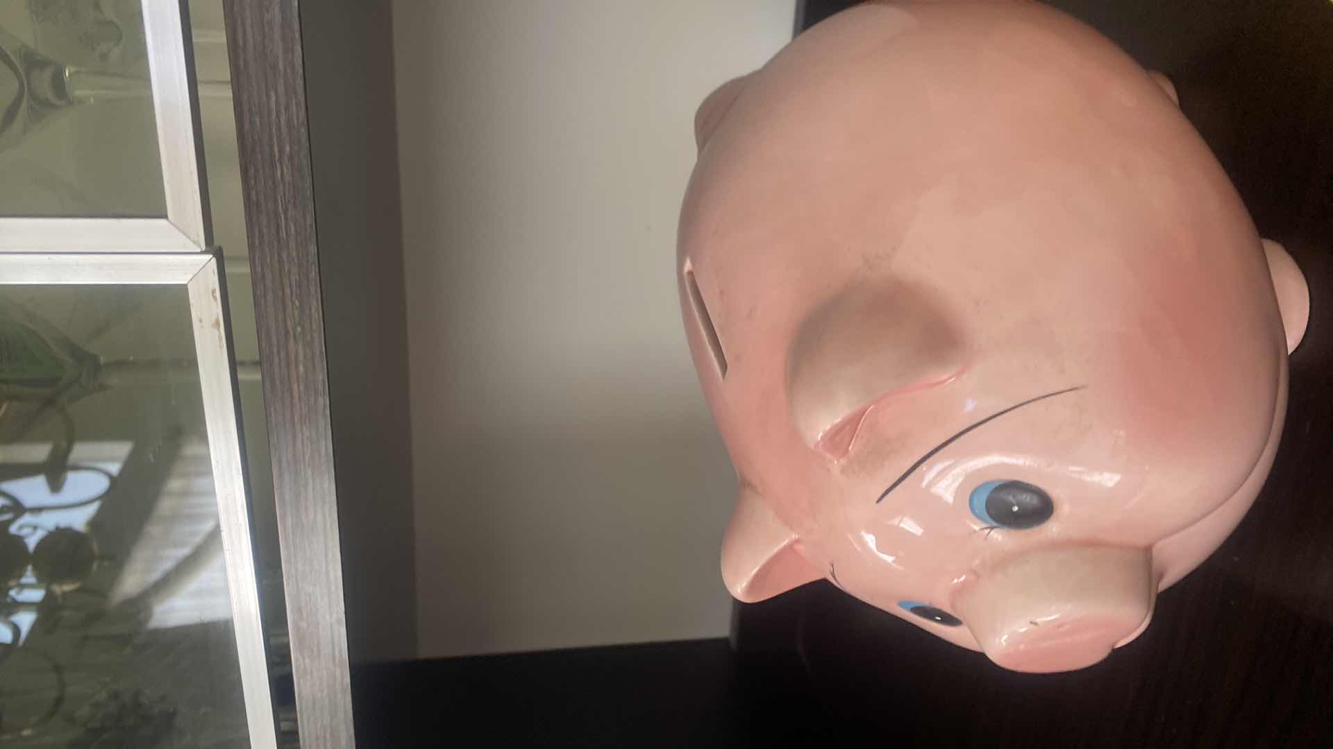 Photo 1 of 2 RESIN PIGS & 1 GLAZED PIGGY BANK 10“ x 7“