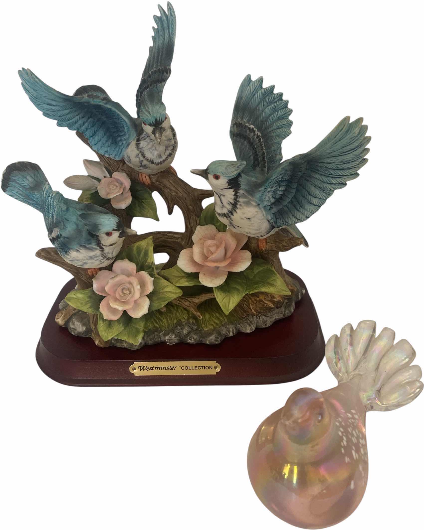 Photo 1 of SILVESTRI GLASS DOVE & WESTMINSTER CERAMIC BIRD FIGURINE ON STAND 9 1/2” x 9”